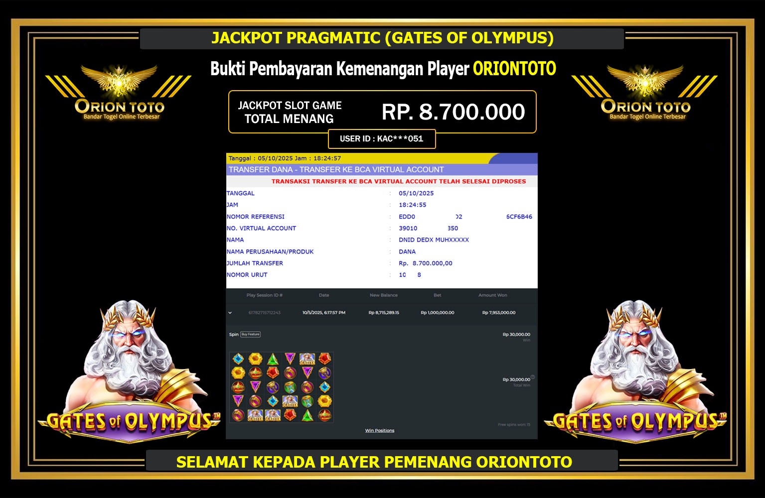 ORIONTOTO JACKPOT PRAGMATIC (GATES OF OLYMPUS) Rp.8.700.000,- LUNAS