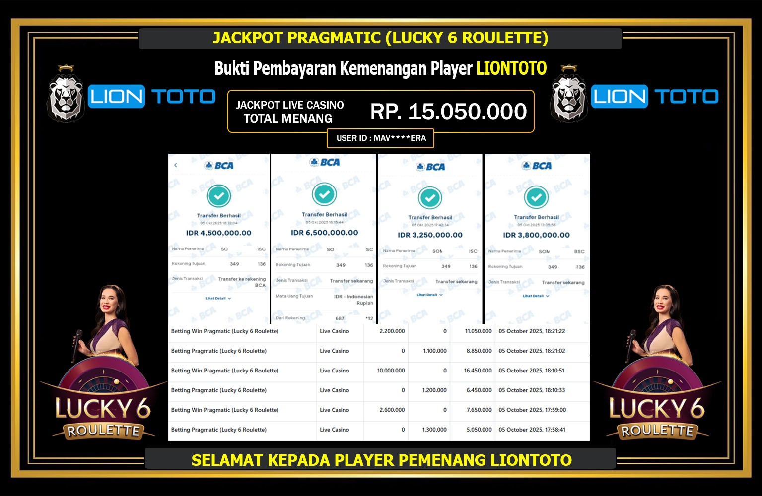 LIONTOTO JACKPOT PRAGMATIC (LUCKY 6 ROULETTE) Rp.15.050.000,- LUNAS