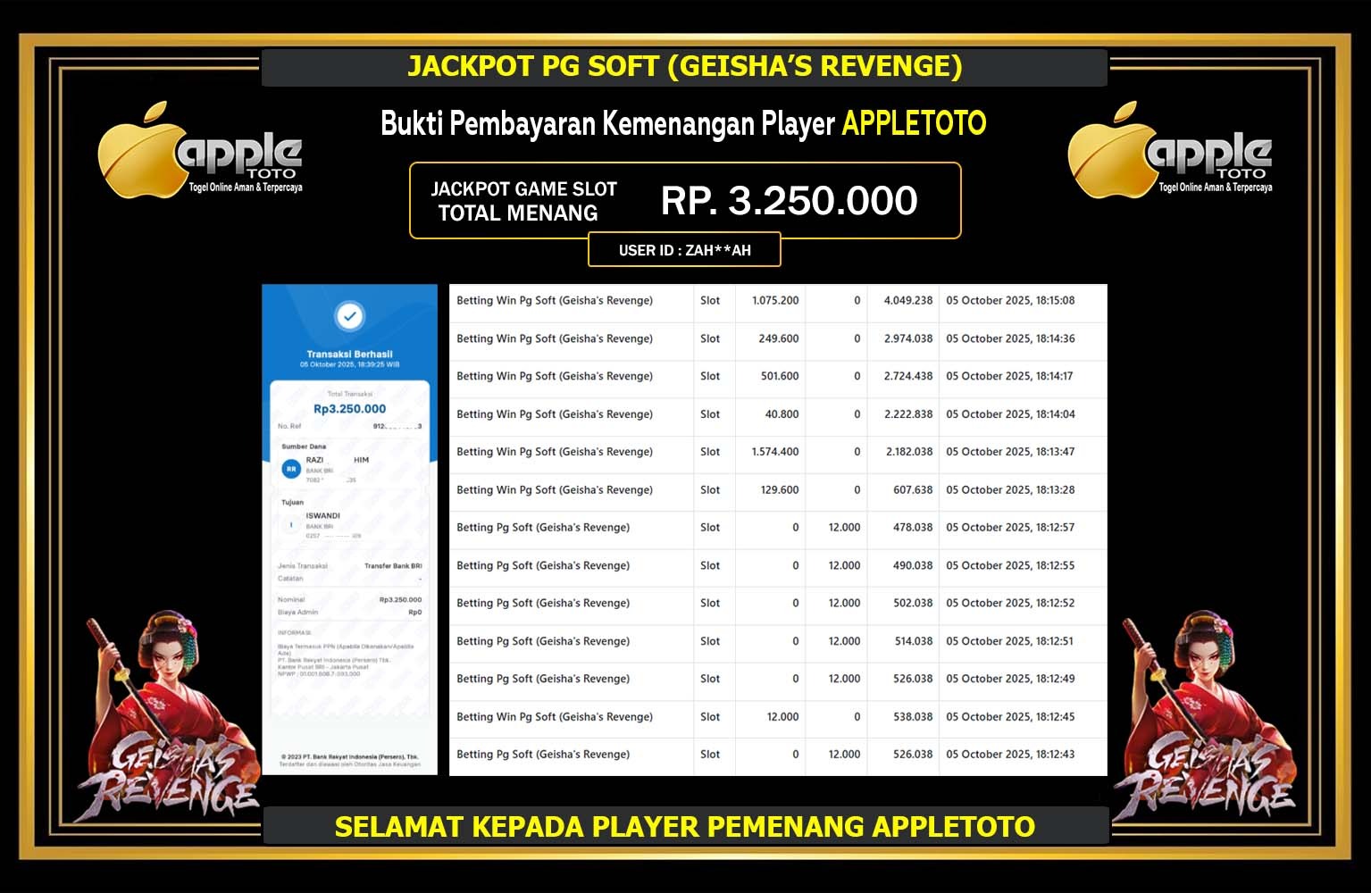APPLETOTO JACKPOT PG SOFT (GEISGA'S REVENGE) Rp.3.250.000,- LUNAS
