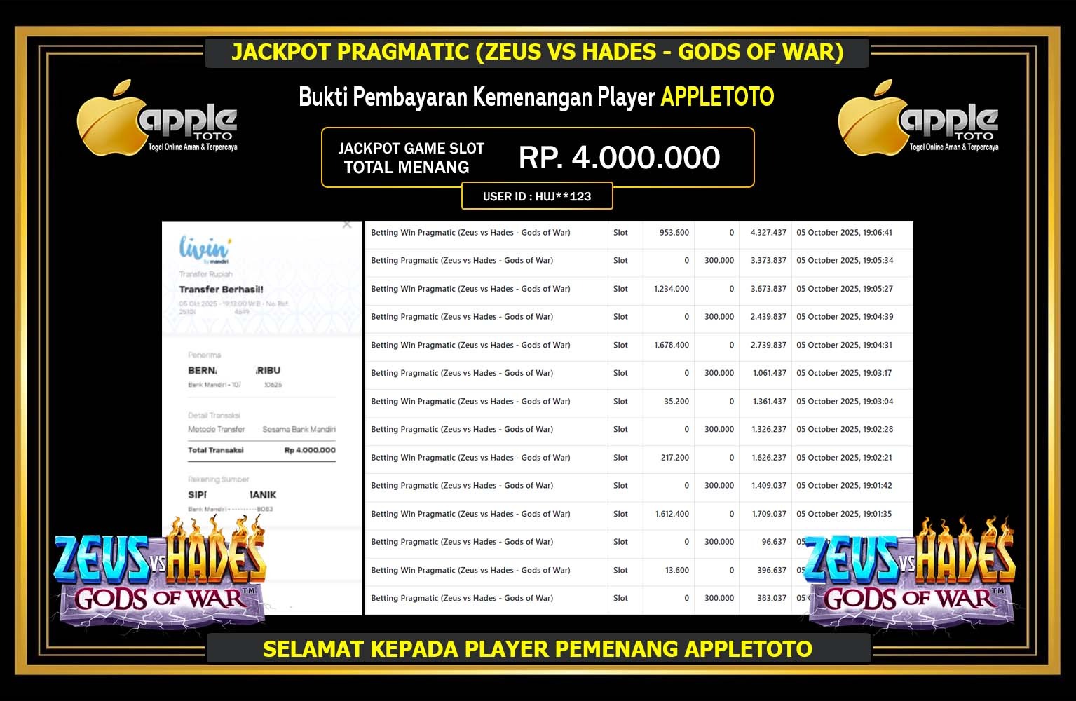APPLETOTO JACKPOT PRAGMATIC (ZEUS VS HADES - GODS OF WAR) Rp.4.000.000,- LUNAS