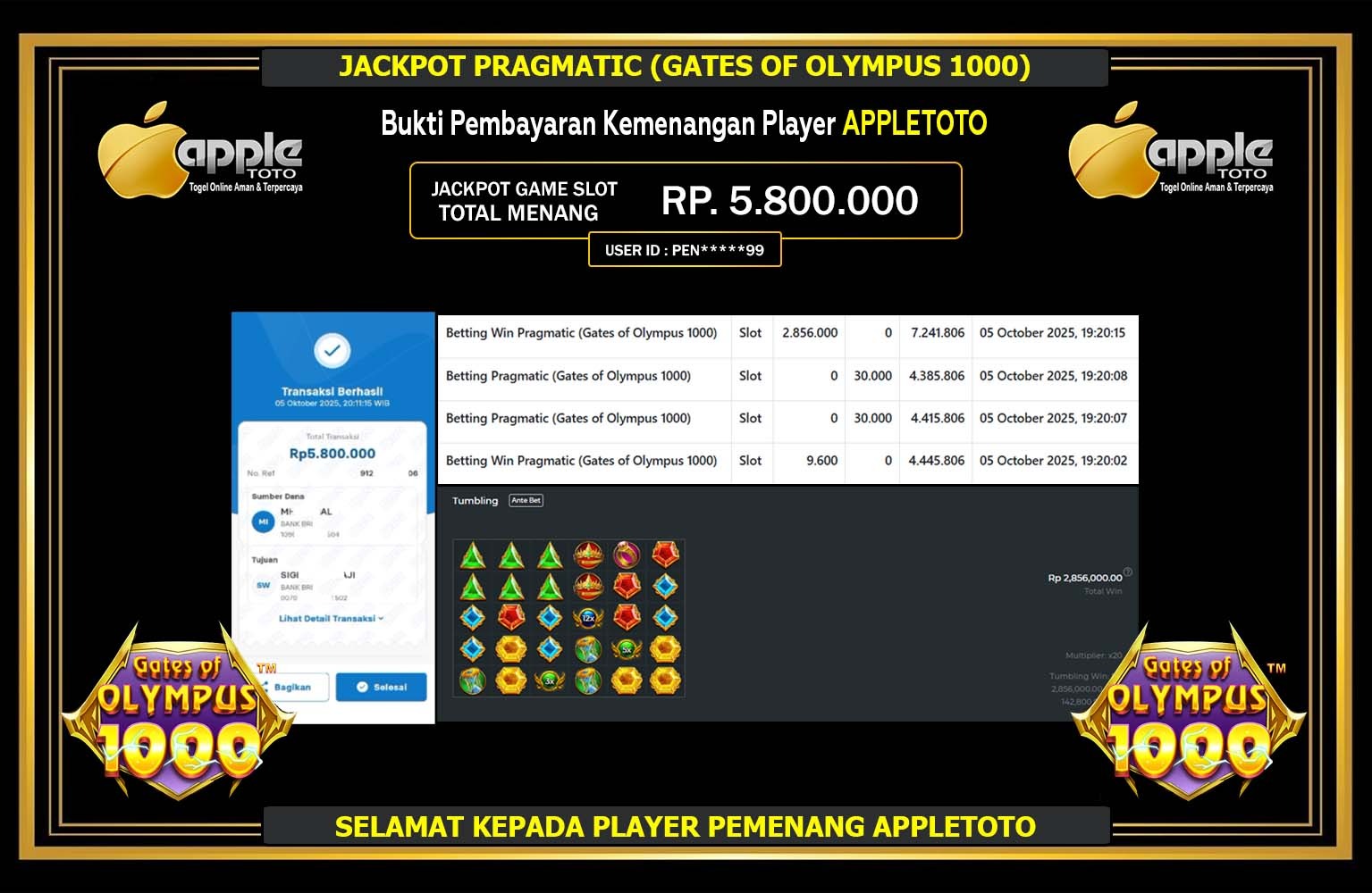 APPLETOTO JACKPOT PRAGMATIC (GATES OF OLYMPUS 1000) Rp.5.800.000,- LUNAS