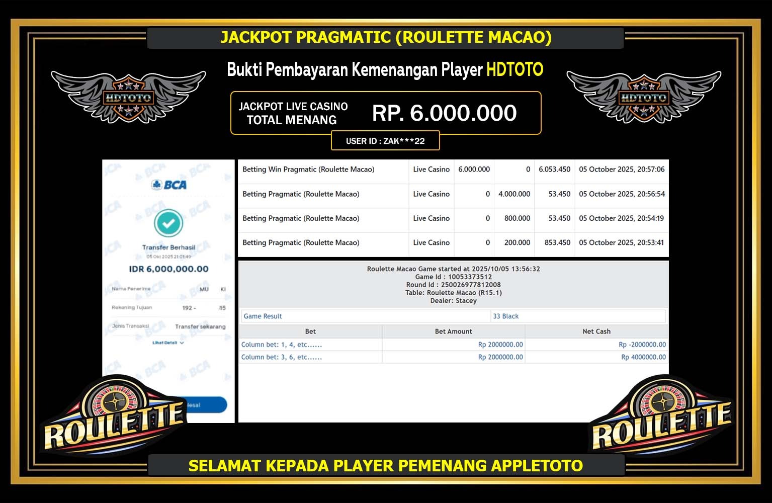 HDTOTO JACKPOT PRAGMATIC (ROULETTE MACAO) Rp.6.000.000,- LUNAS