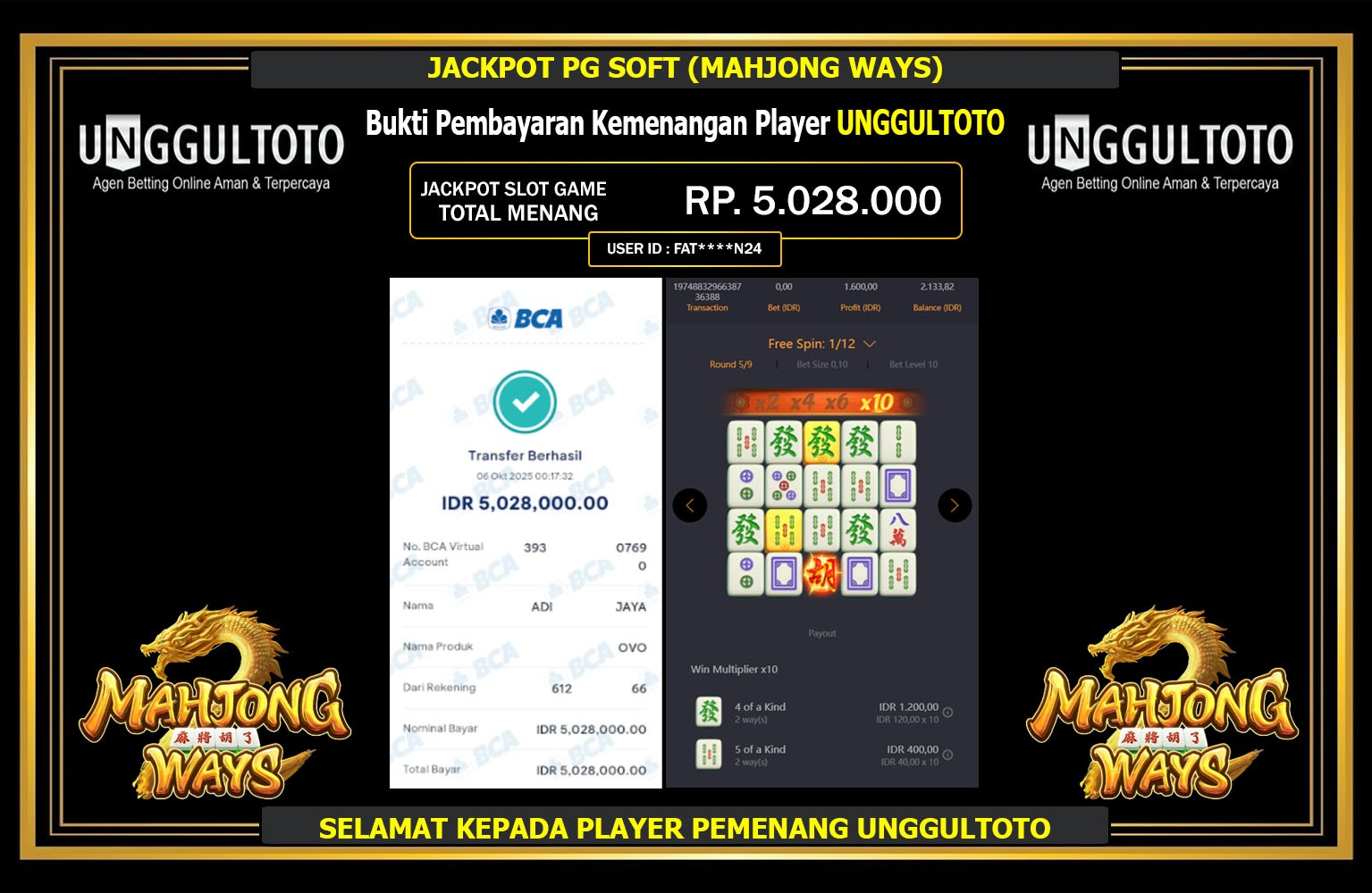 UNGGULTOTO JACKPOT PG SOFT (MAHJONG WAYS) Rp.5.028.000,- LUNAS