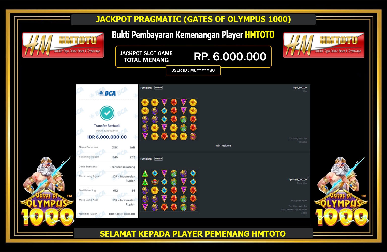 HMTOTO JACKPOT PRAGMATIC (GATES OF OLYMPUS 1000) Rp.6.000.000,- LUNAS