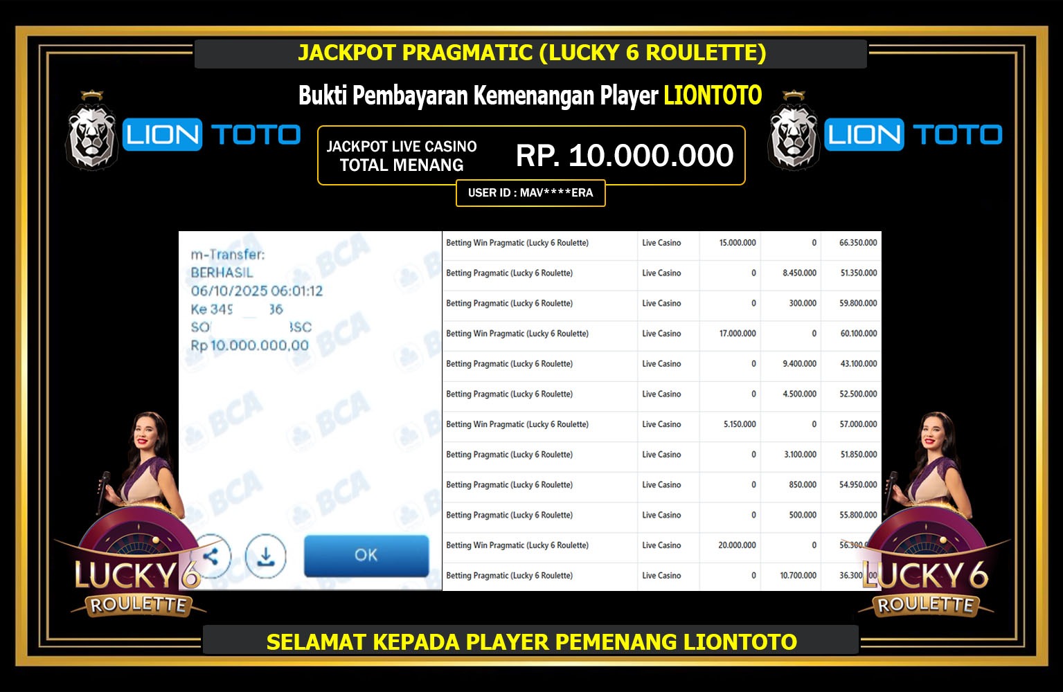 LIONTOTO JACKPOT PRAGMATIC (LUCKY 6 ROULETTE) Rp.10.000.000,- LUNAS
