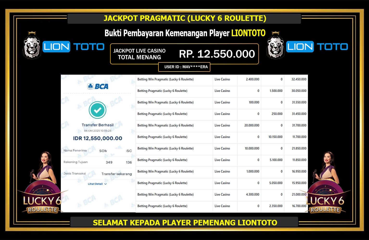 LIONTOTO JACKPOT PRAGMATIC (LUCKY 6 ROULETTE) Rp.12.550.000,- LUNAS
