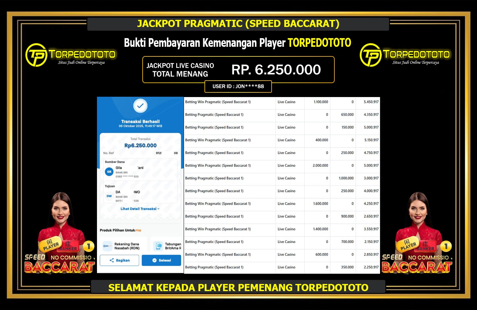 TORPEDOTOTO JACKPOT PRAGMATIC (SPEED BACCARAT) Rp.6.250.000,- LUNAS