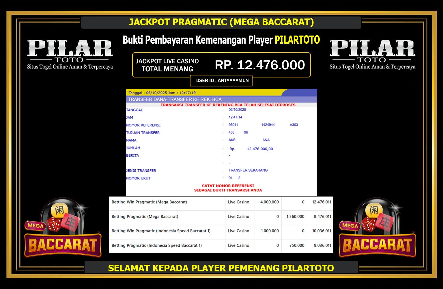 PILARTOTO JACKPOT PRAGMATIC (MEGA BACCARAT) Rp.12.476.000,- LUNAS