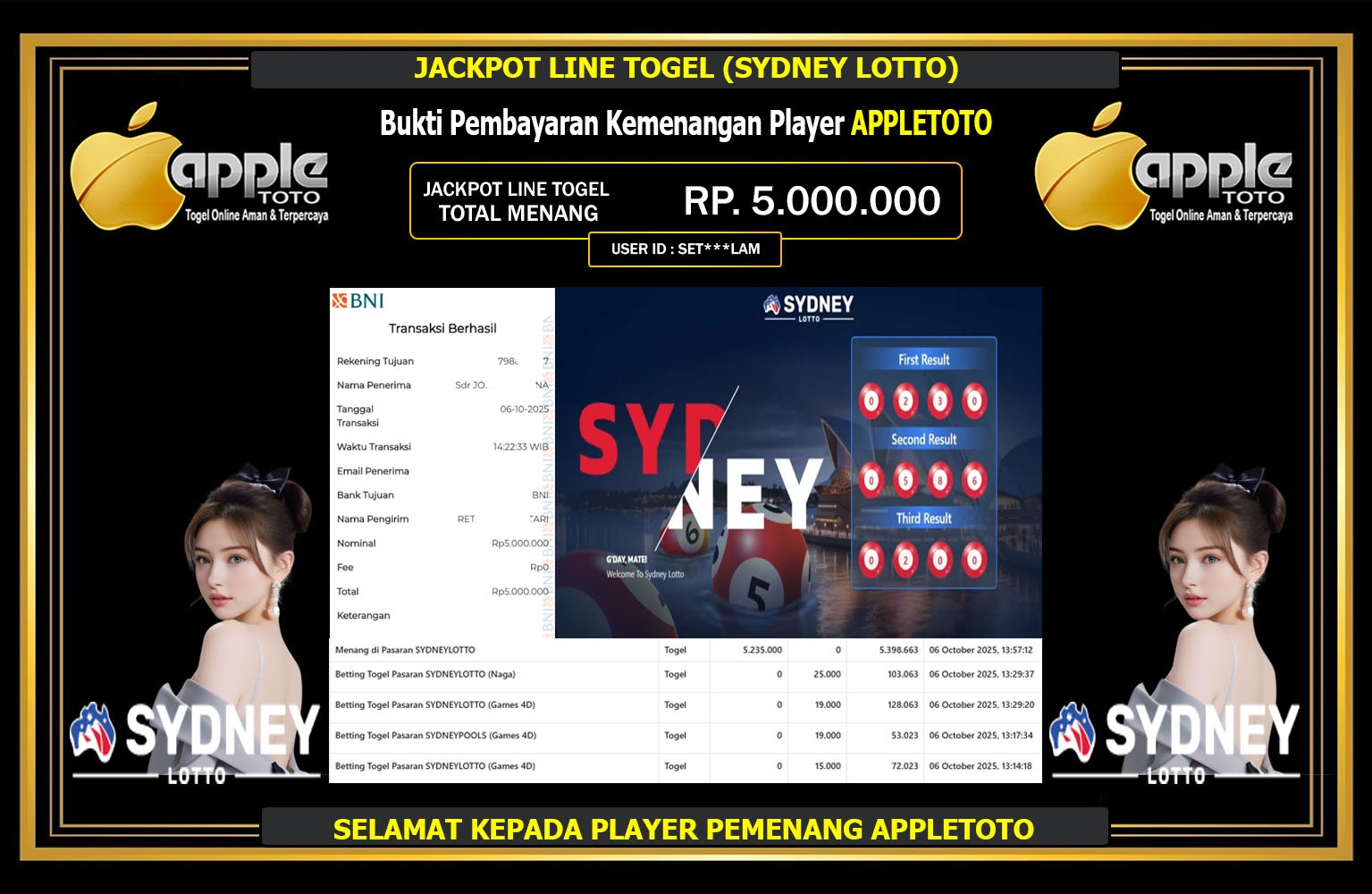 APPLETOTO JACKPOT LINE TOGEL (SYDNEY LOTTO) Rp.5.000.000,- LUNAS