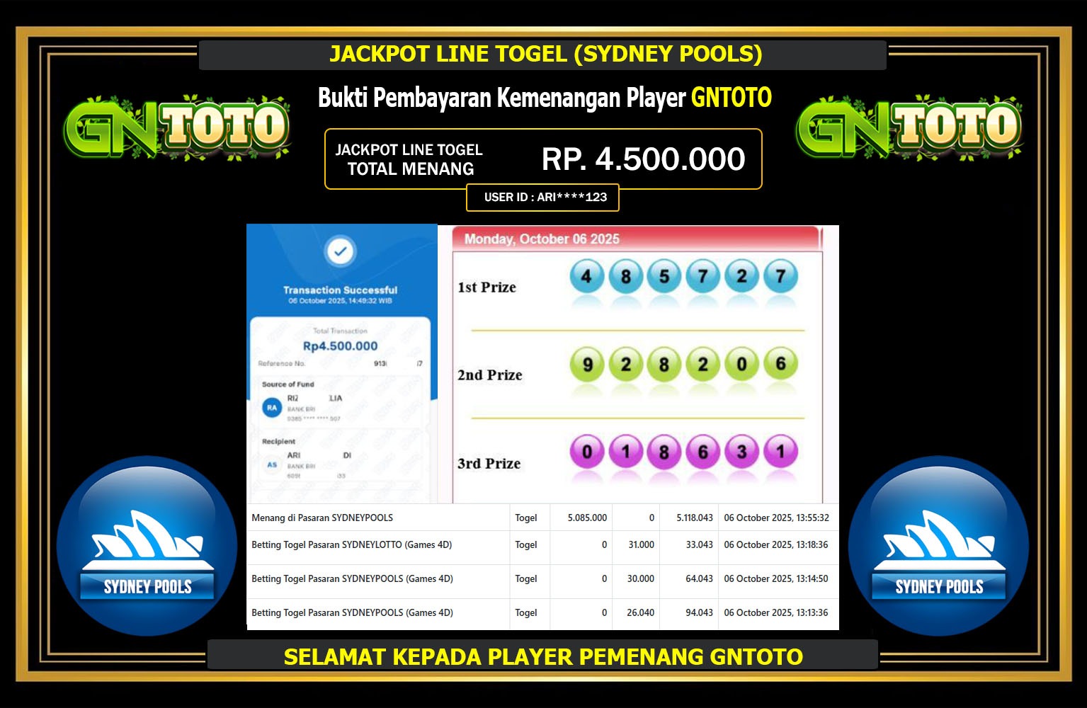GNTOTO JACKPOT LINE TOGEL (SYDNEY POOLS) Rp.4.500.000,- LUNAS