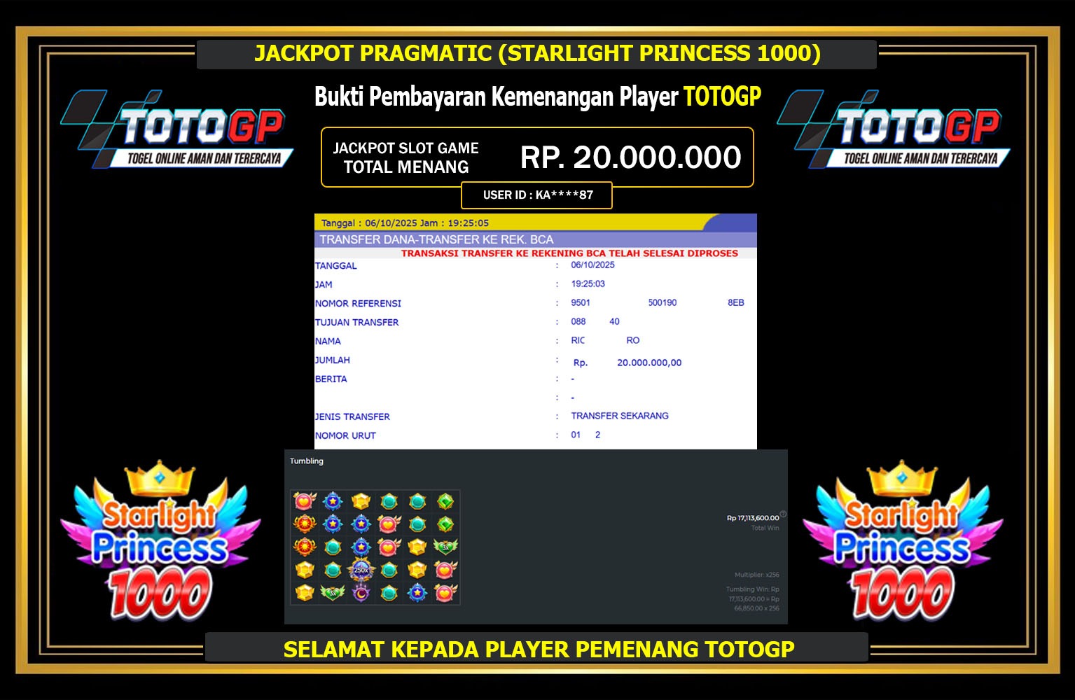 TOTOGP JACKPOT PRAGMATIC (STARLIGHT PRINCESS 1000) Rp.20.000.000,- LUNAS