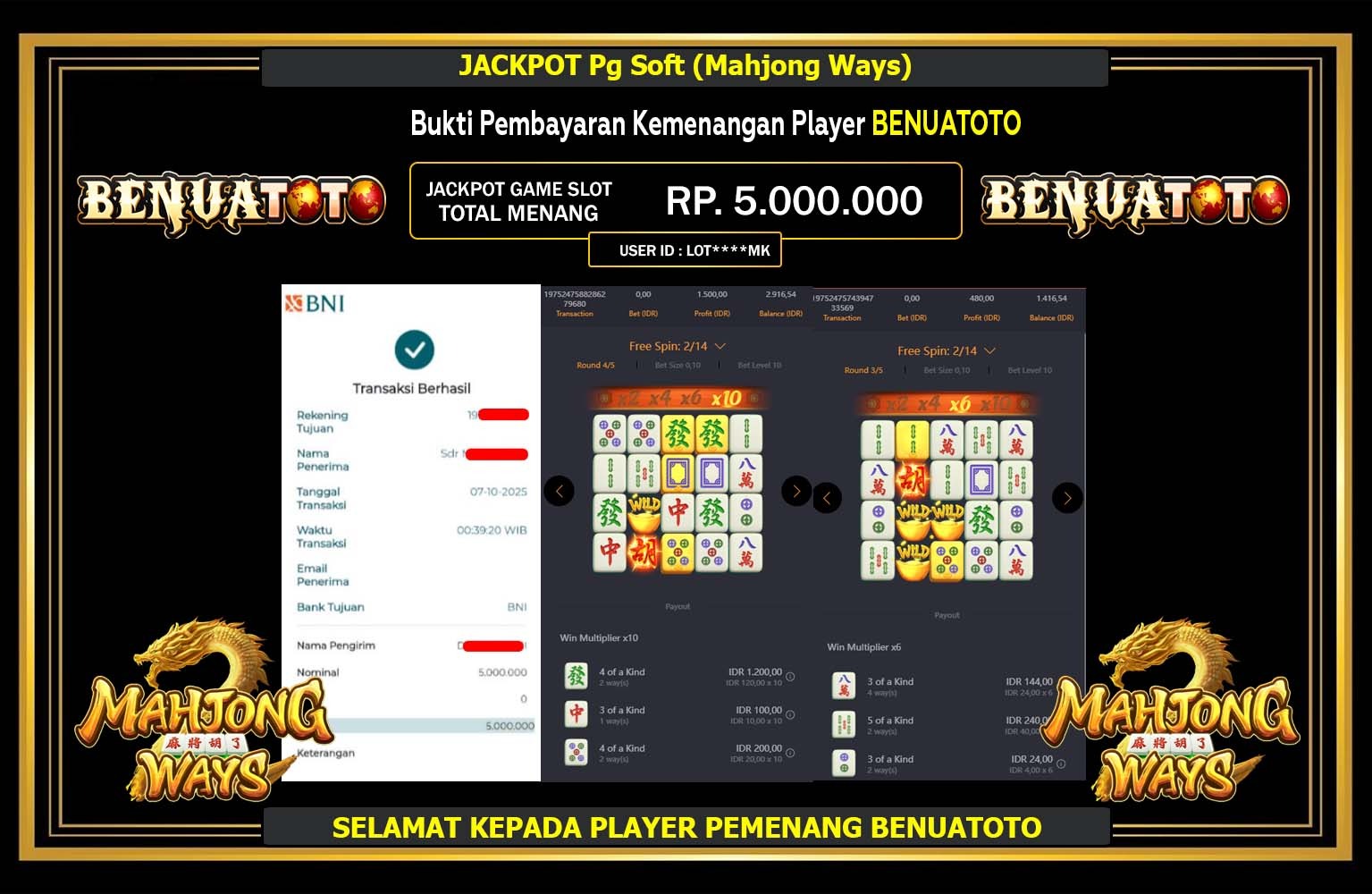 BENUATOTO JACKPOT Pg Soft (Mahjong Ways) Rp.5.000.000,- LUNAS