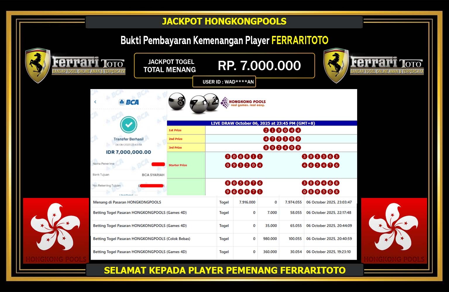 FERRARITOTO JACKPOT LINE TOGEL (HONGKONGPOOLS ) Rp.7.000.000,- LUNAS