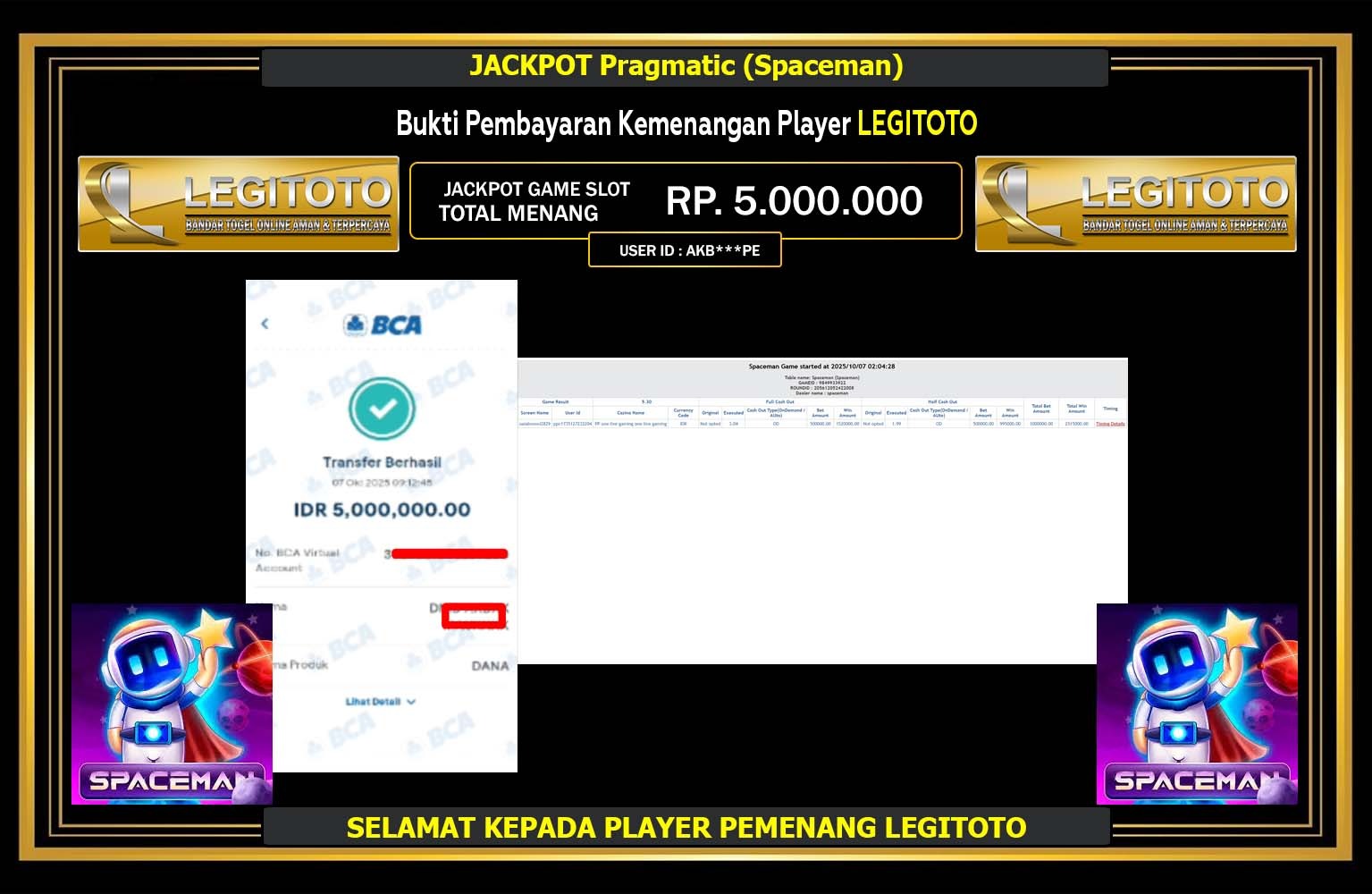 LEGITOTO JACKPOT Pragmatic (Spaceman) Rp.5.000.000,- LUNAS