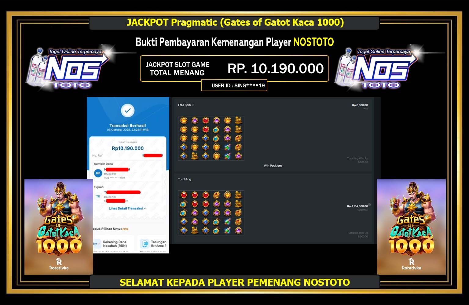 NOSTOTO JACKPOT Pragmatic (Gates of Gatot Kaca 1000) Rp.10.190.000,- LUNAS
