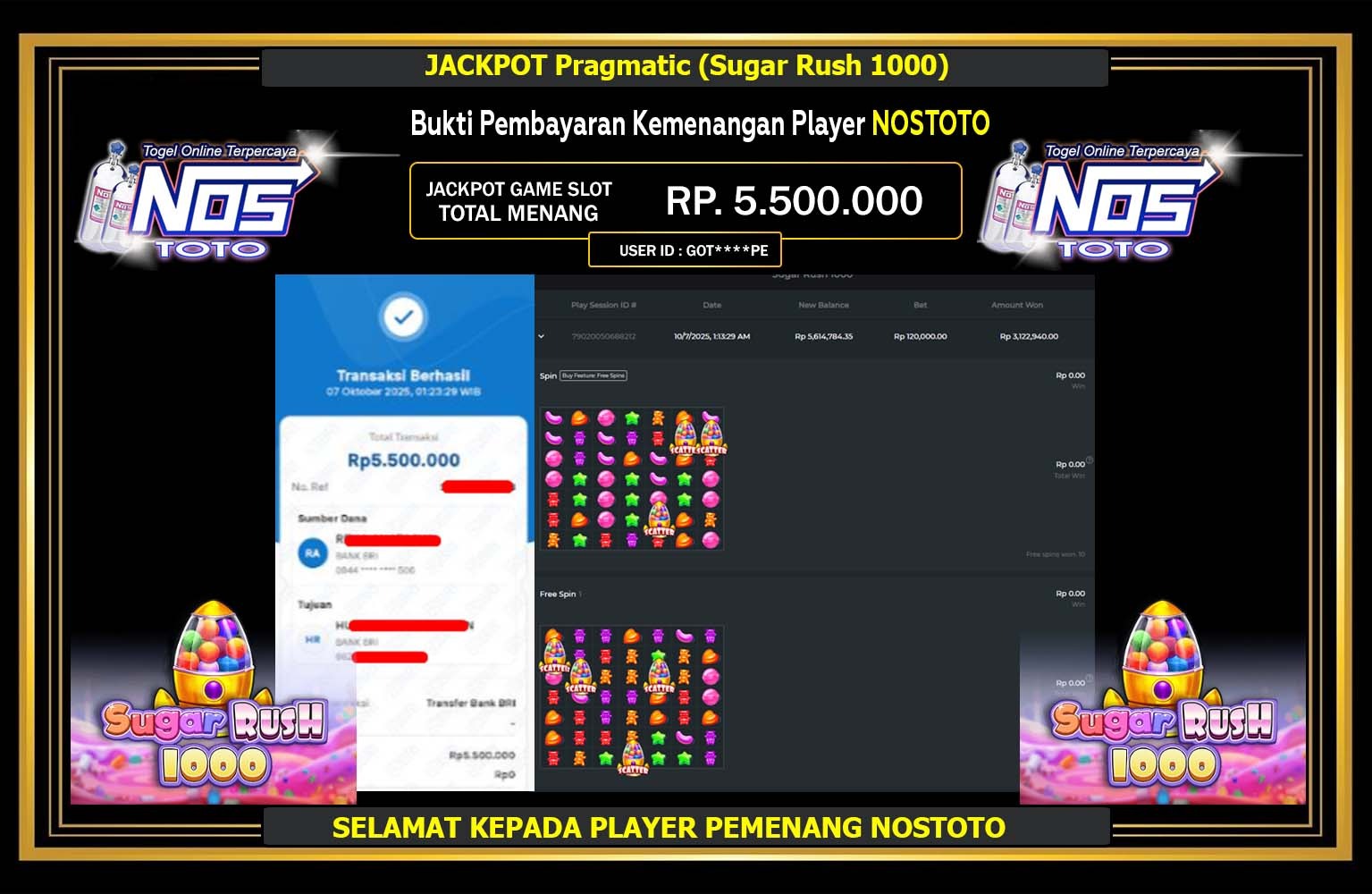 NOSTOTO JACKPOT Pragmatic (Sugar Rush 1000) Rp.5.500.000,- LUNAS