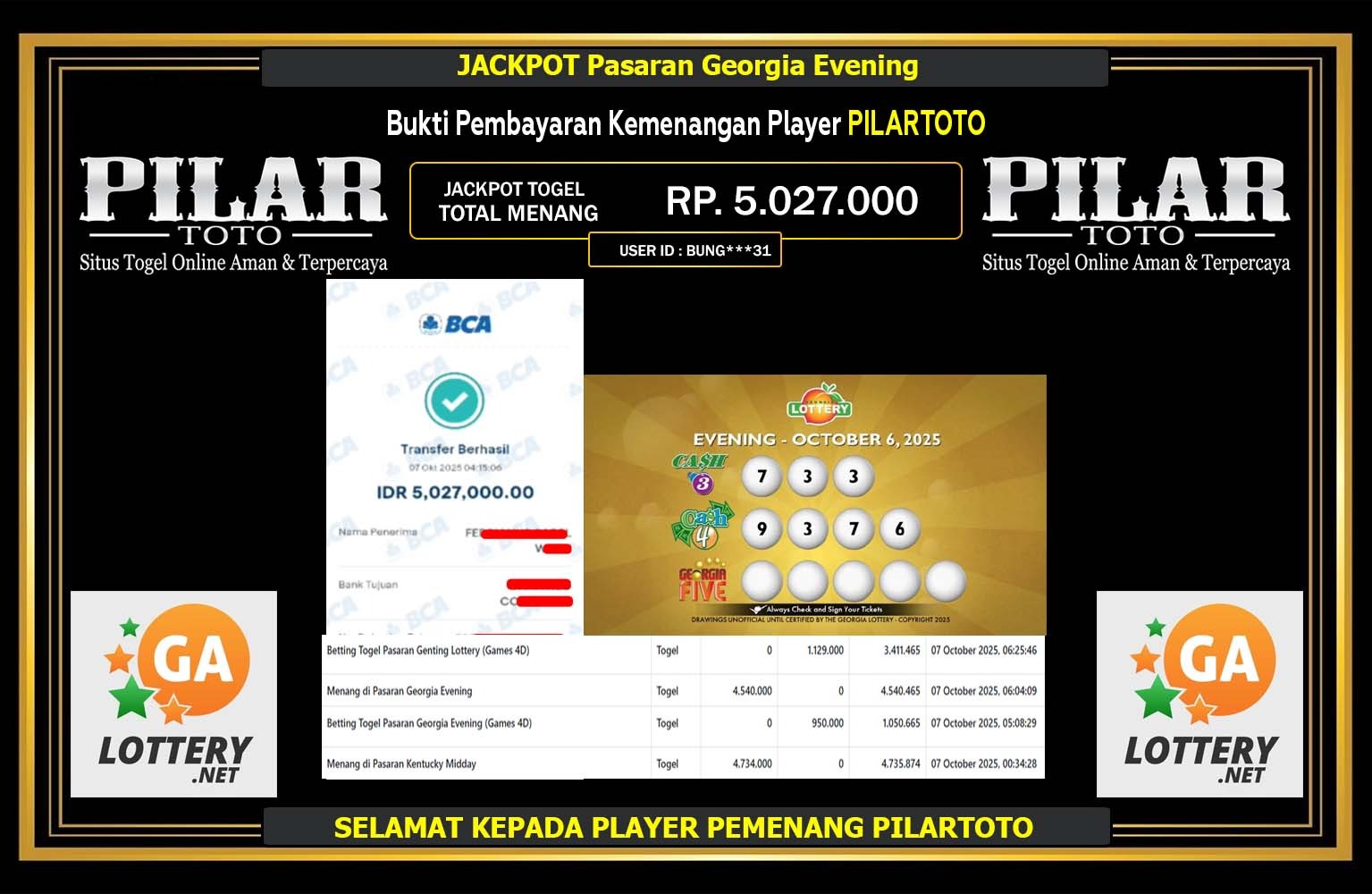 PILARTOTO JACKPOT Pasaran Genting Lottery  Rp.5.027.000,- LUNAS