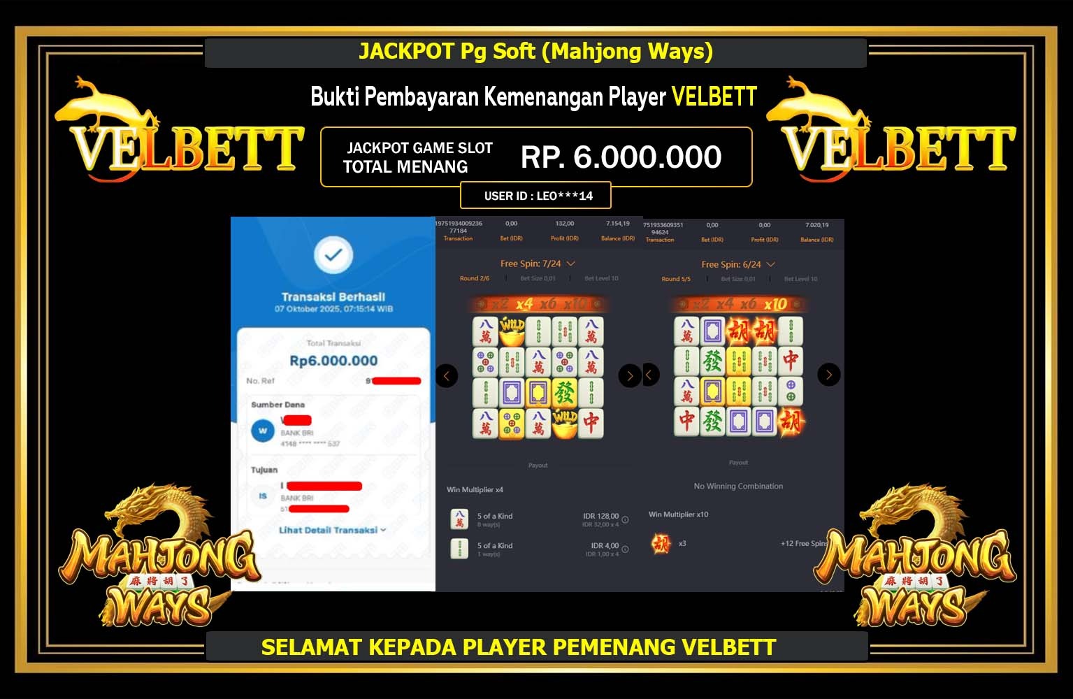 VELBETT JACKPOT Pg Soft (Mahjong Ways) Rp.6.000.000,- LUNAS