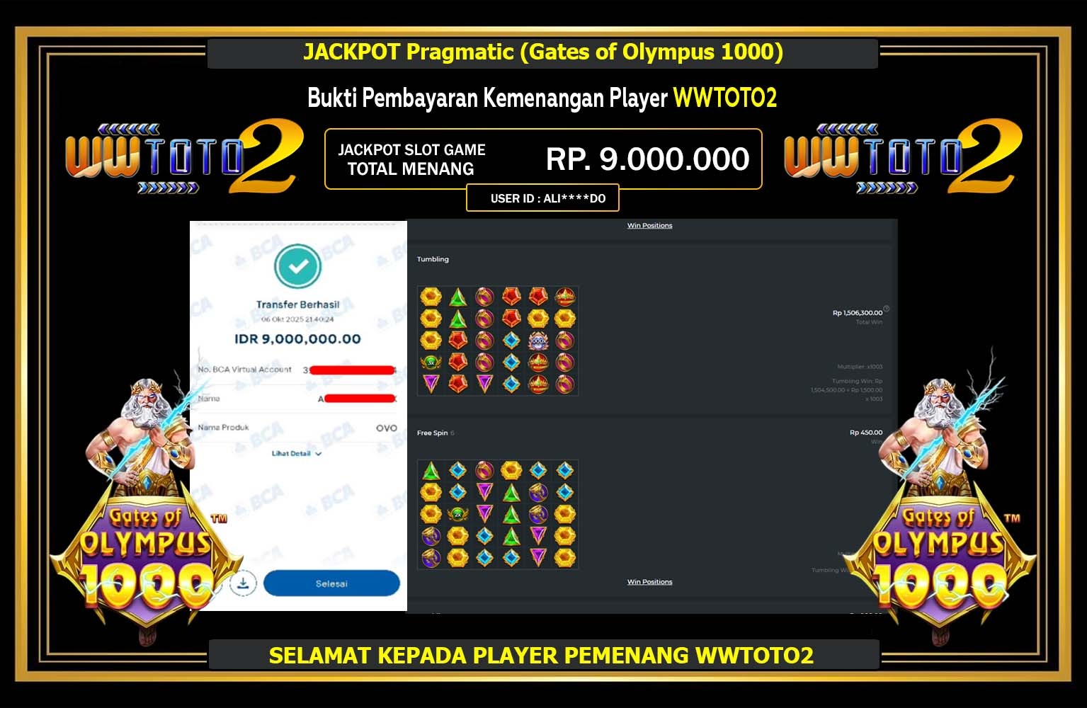 WWTOTO2 JACKPOT Pragmatic (Gates of Olympus 1000) Rp.9.000.000,- LUNAS