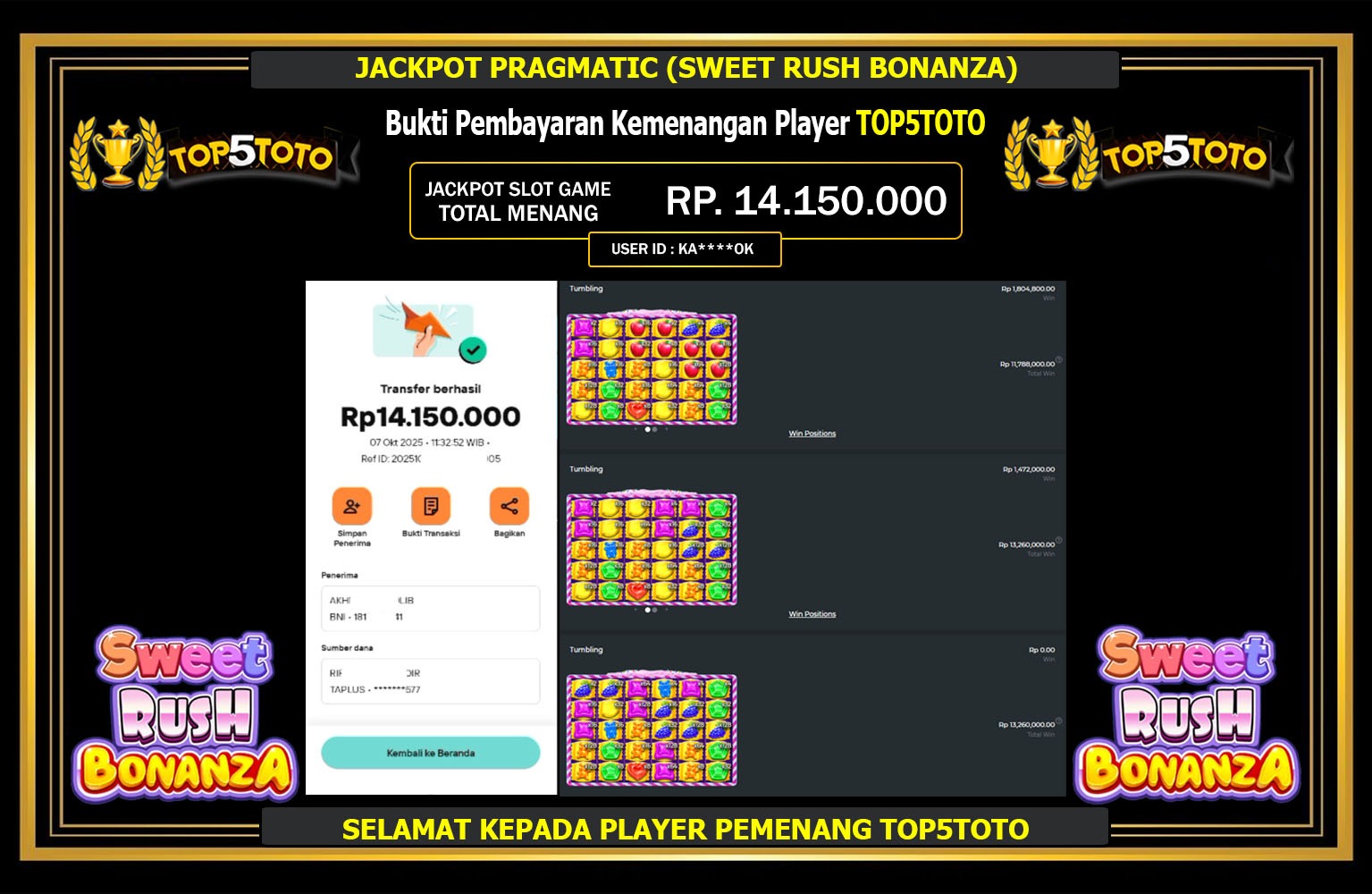 TOP5TOTO JACKPOT PRAGMATIC (SWEET RUSH BONANZA) Rp.14.150.000,- LUNAS