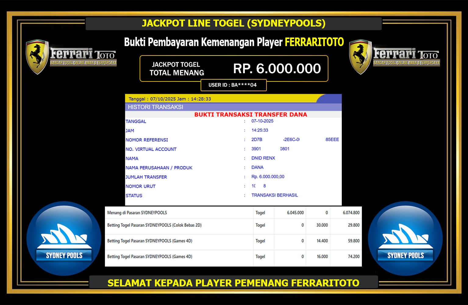 FERRARITOTO JACKPOT LINE TOGEL (SYDNEY POOLS) Rp.6.000.000,- LUNAS
