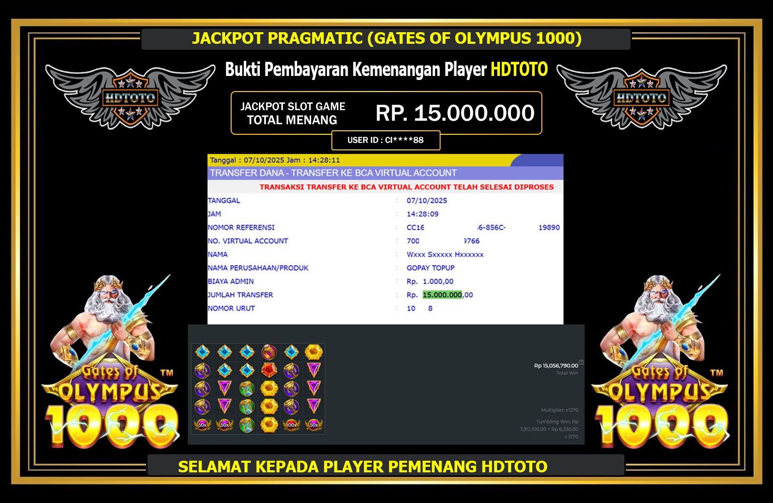 HDTOTO JACKPOT PRAGMATIC (GATES OF OLYMPUS 1000) Rp.15.000.000,- LUNAS