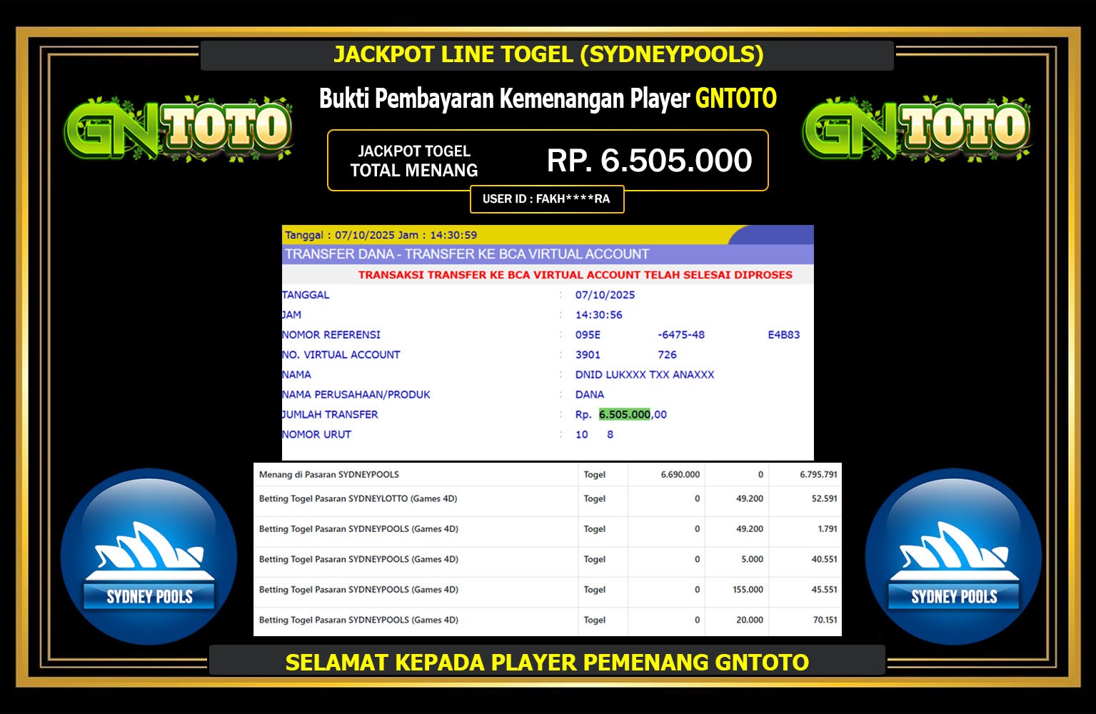 GNTOTO JACKPOT LINE TOGEL (SYDNEY POOLS) Rp.6.505.000,- LUNAS