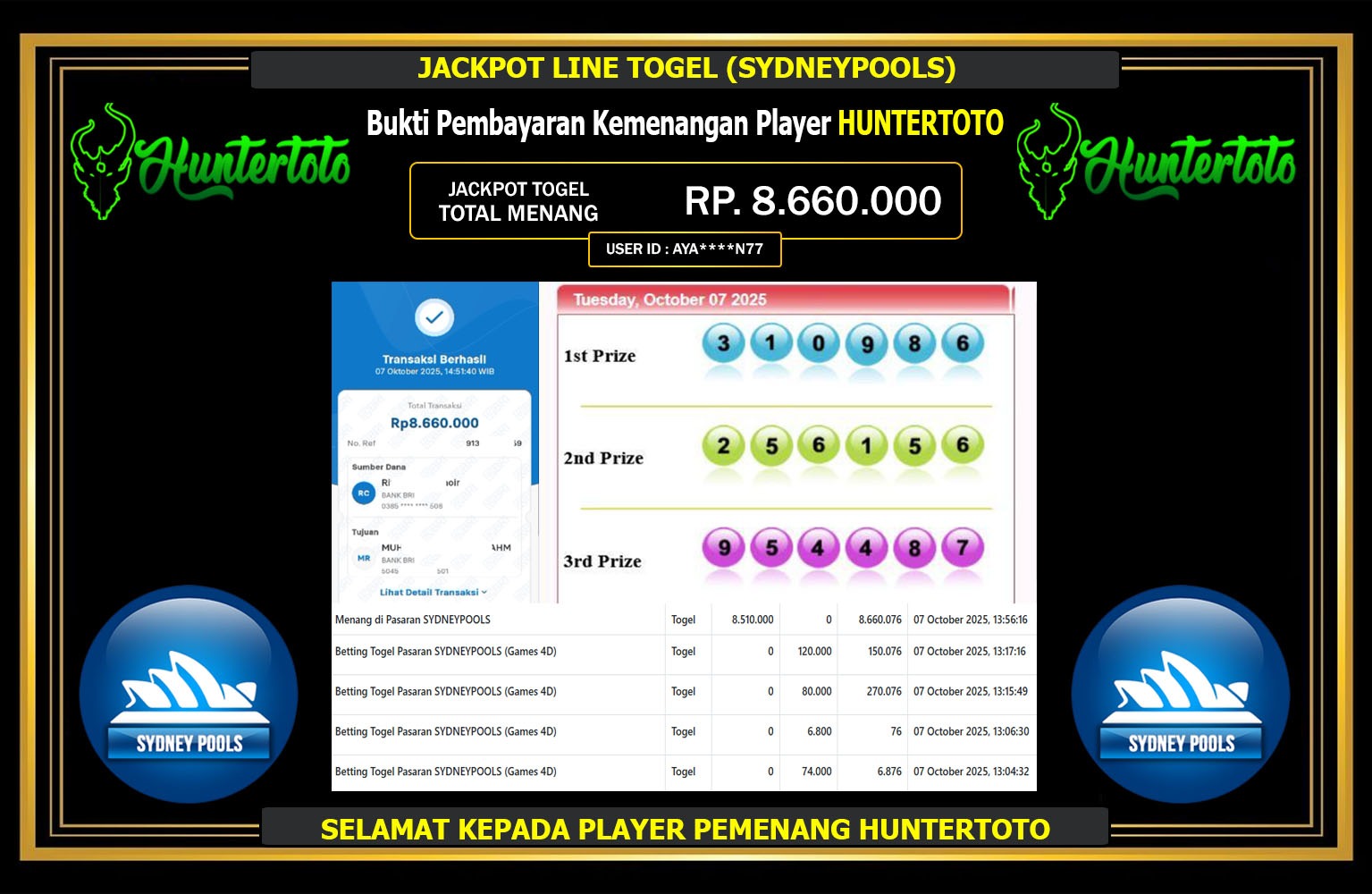 HUNTERTOTO JACKPOT LINE TOGEL (SYDNEY POOLS) Rp.8.660.000,- LUNAS