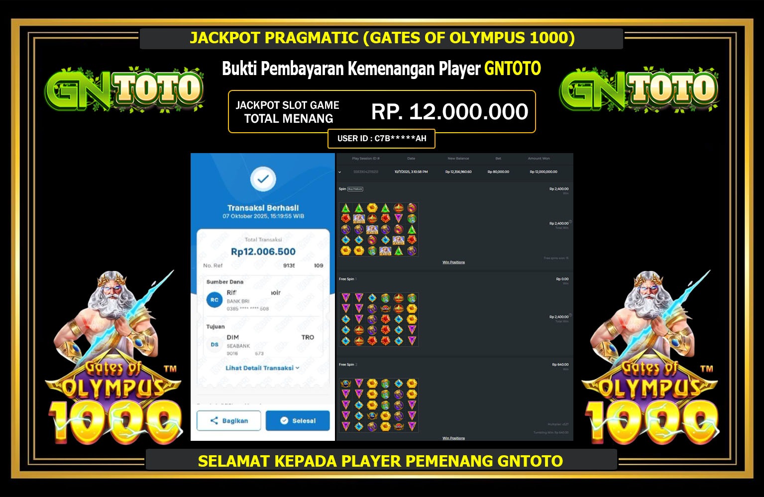 GNTOTO JACKPOT PRAGMATIC (GATES OF OLYMPUS 1000) Rp.12.000.000,- LUNAS