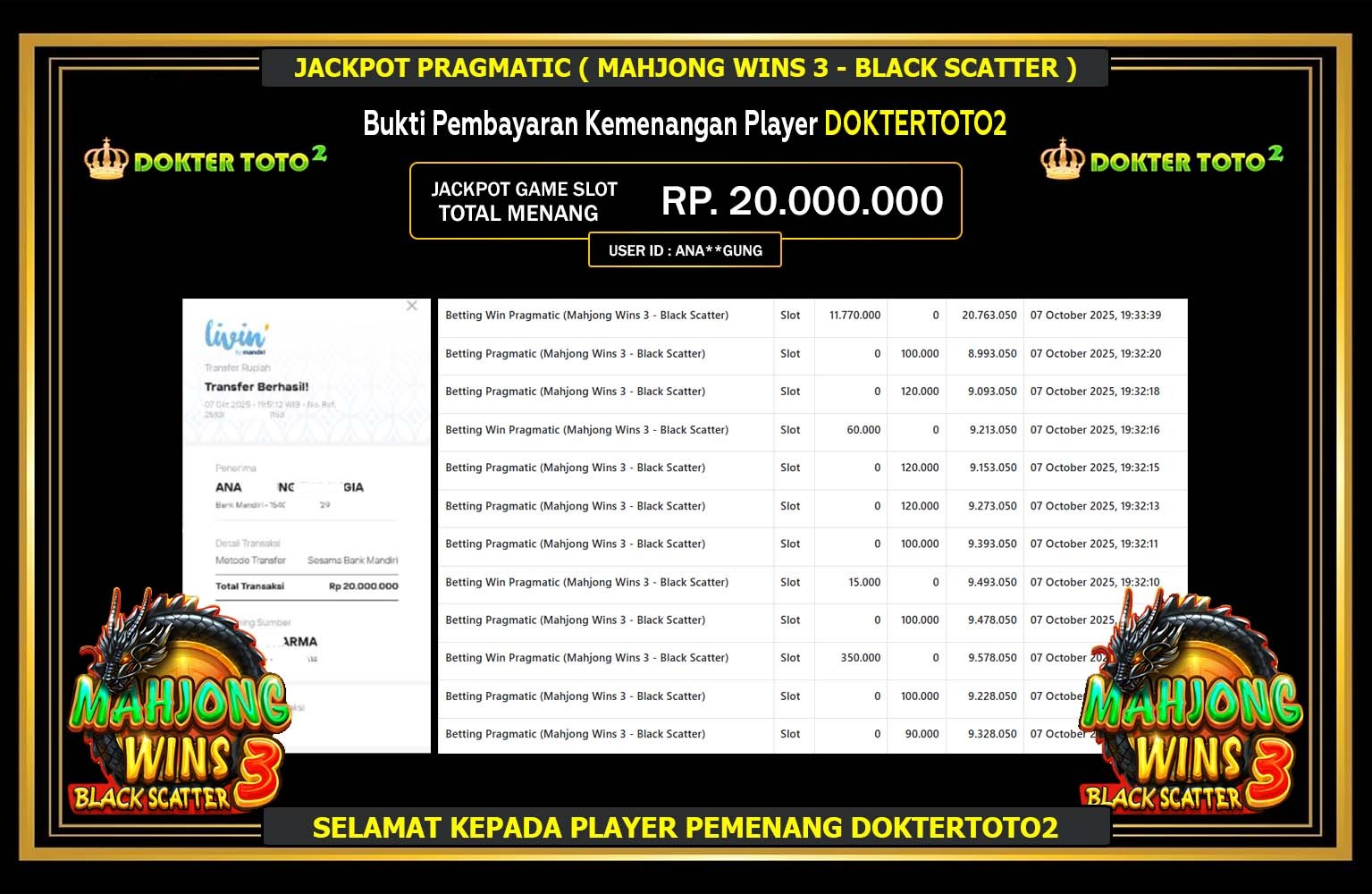 DOKTERTOTO2 JACKPOT PRAGMATIC (Mahjong Wins 3 - Black Scatter) Rp.20.000.000,- LUNAS