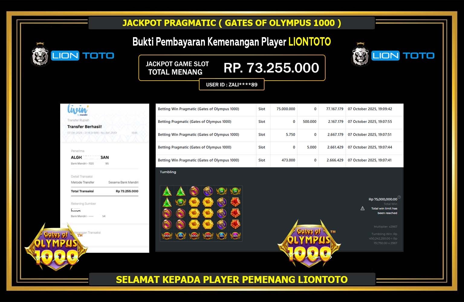 LIONTOTO JACKPOT PRAGMATIC (GATES OF OLYMPUS 1000) Rp.73.255.000,- LUNAS