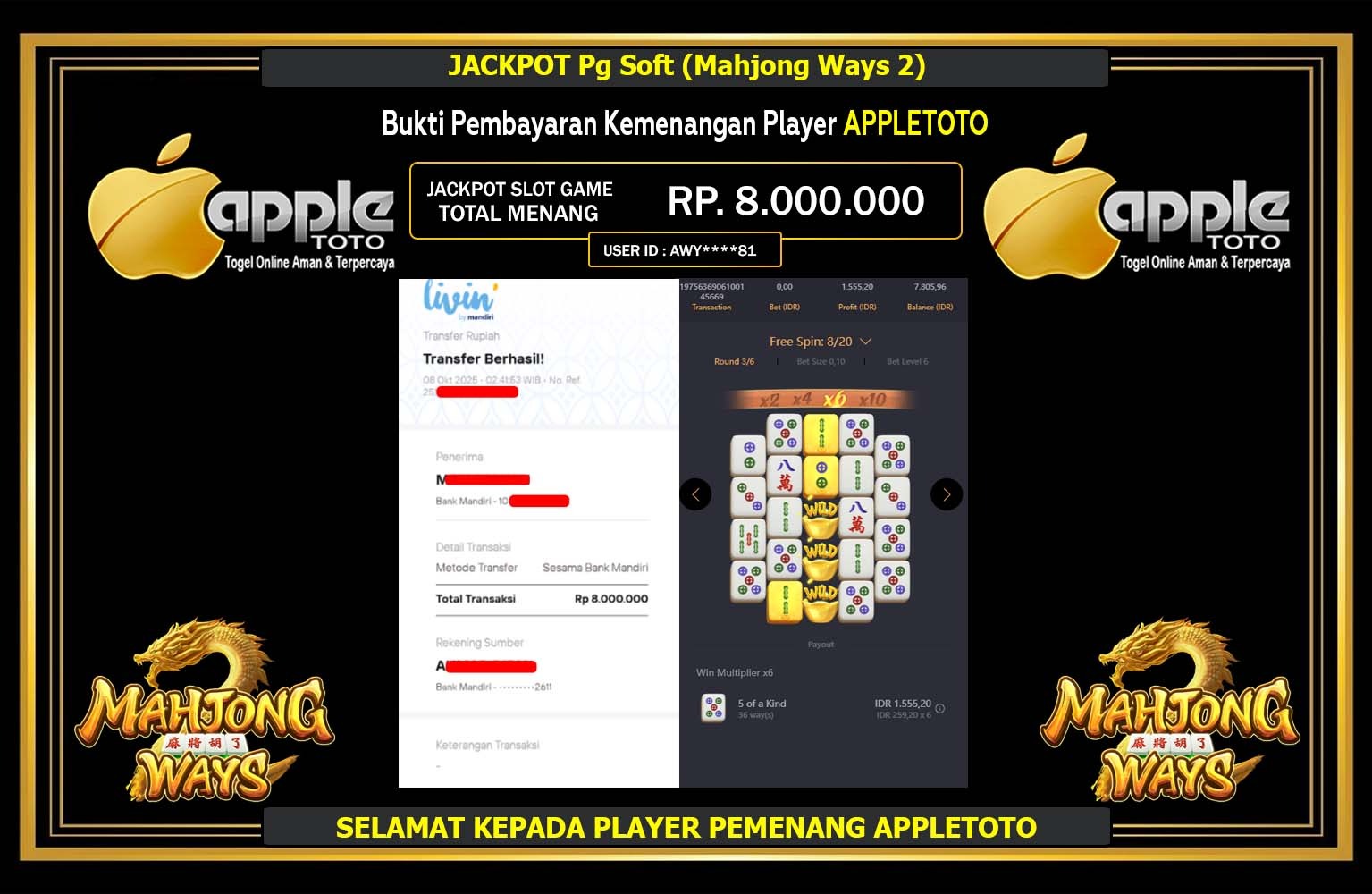 ANGKASABET JACKPOT PG SOFT (MAHJONG WAYS 2) Rp.8.000.000,- LUNAS