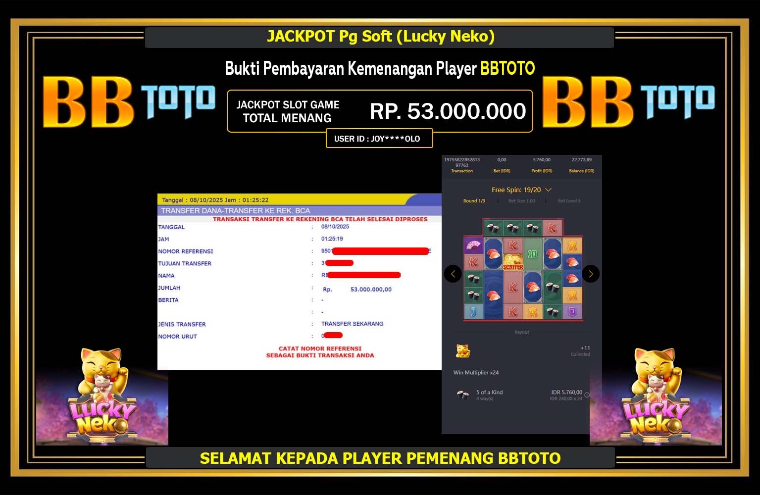 BBTOTO JACKPOT PG SOFT (LUCKY NEKO) Rp.53.000.000,- LUNAS
