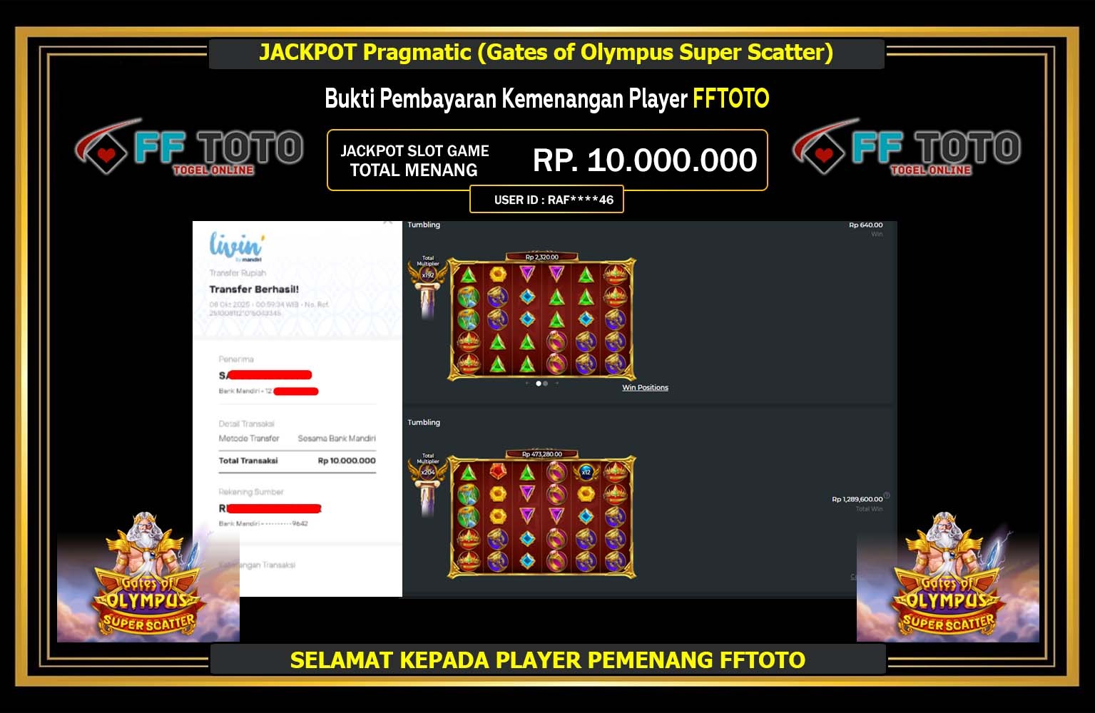 FFTOTO JACKPOT PRAGMATIC (GATES OF OLYMPUS SUPER SCATTER) Rp.10.000.000,- LUNAS