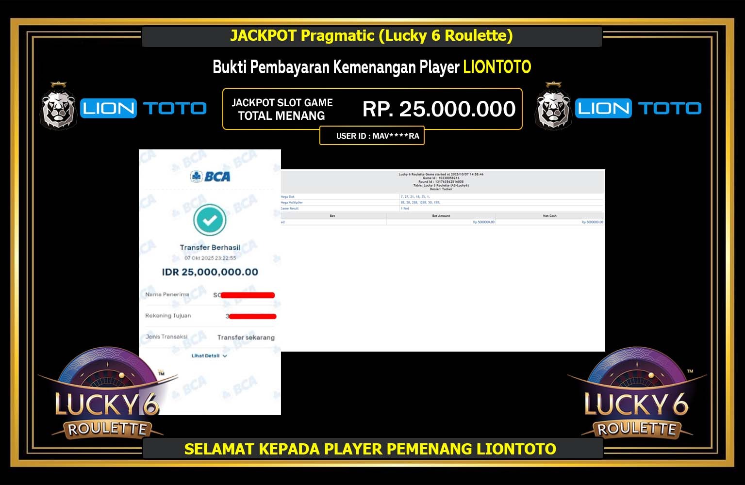 LIONTOTO JACKPOT PRAGMATIC (LUCKY 6 ROULETTE) Rp.25.000.000,- LUNAS