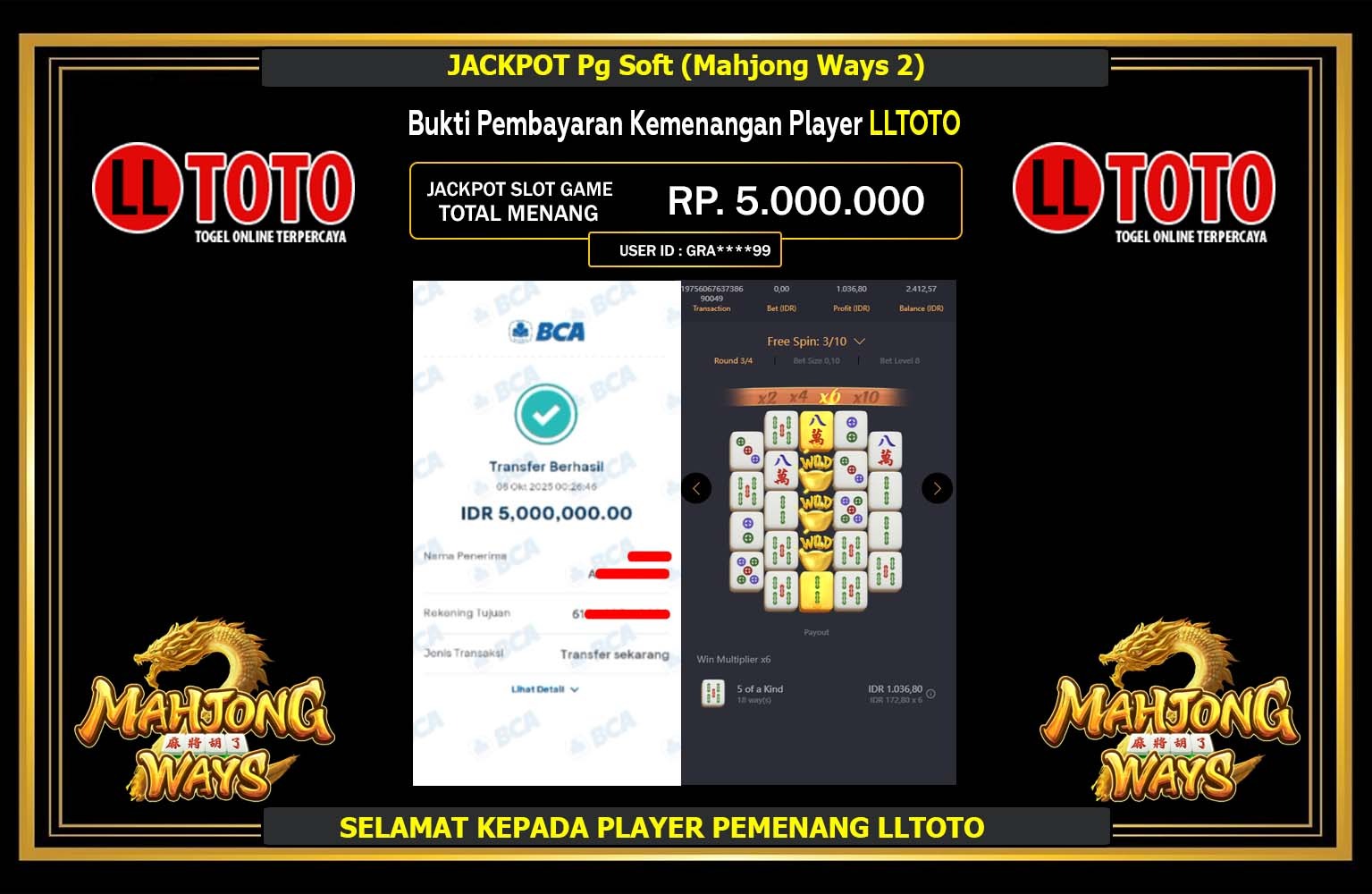 LLTOTO JACKPOT PG SOFT (MAHJONG WAYS 2) Rp.5.000.000,- LUNAS