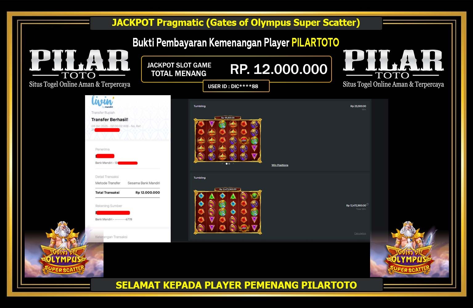 PILARTOTO JACKPOT PRAGMATIC (GATES OF OLYMPUS SUPER SCATTER) Rp.12.000.000,- LUNAS