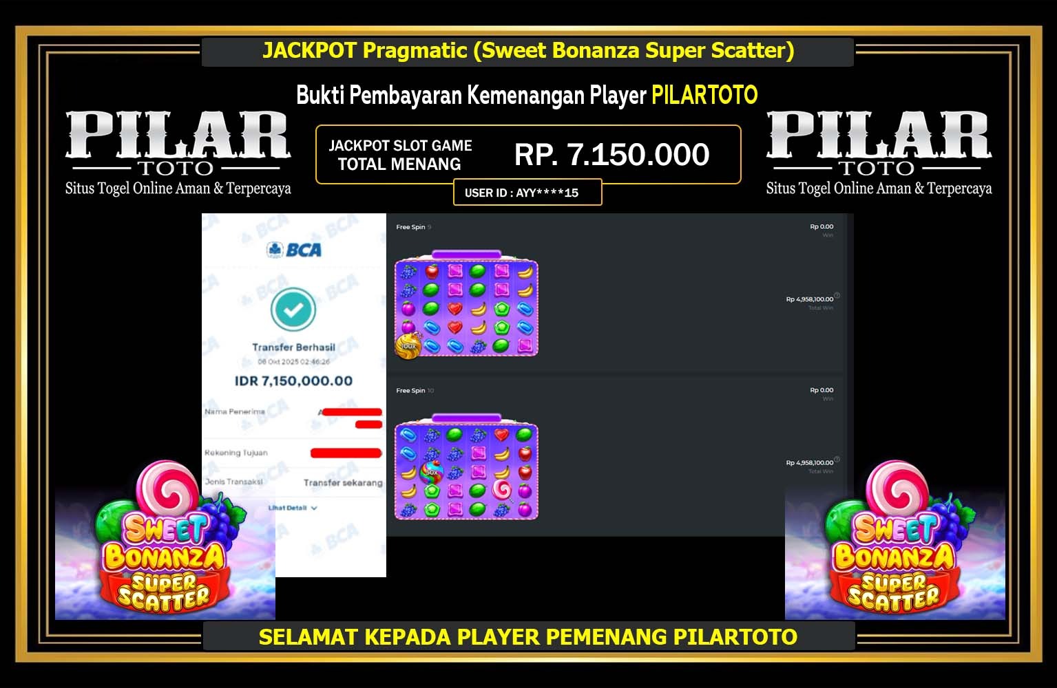 PILARTOTO JACKPOT PRAGMATIC (SWEET BONANZA SUPER SCATTER) Rp.7.150.000,- LUNAS