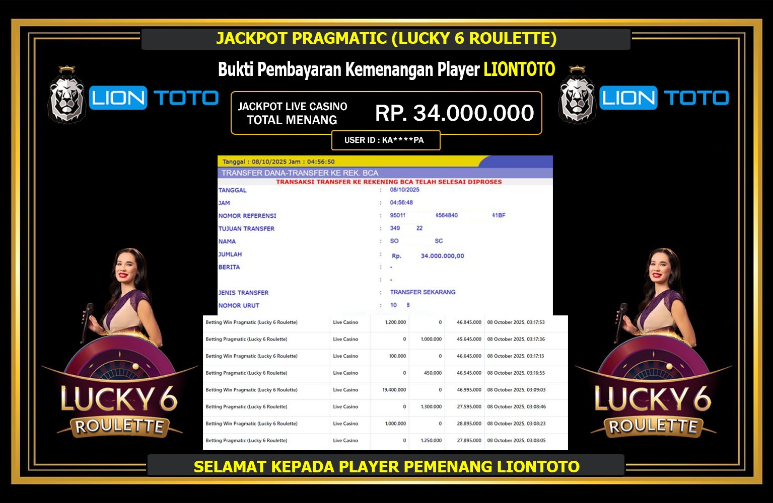 LIONTOTO JACKPOT PRAGMATIC (LUCKY 6 ROULETTE) Rp.34.000.000,- LUNAS