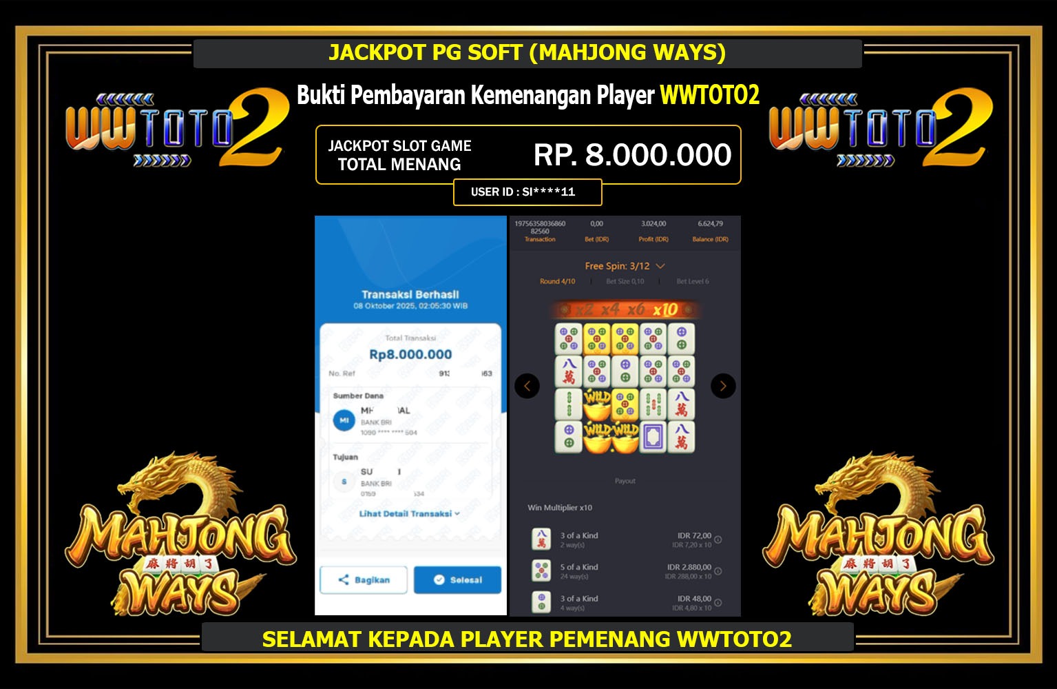 WWTOTO2 JACKPOT PG SOFT (MAHJONG WAYS) Rp.8.000.000,- LUNAS