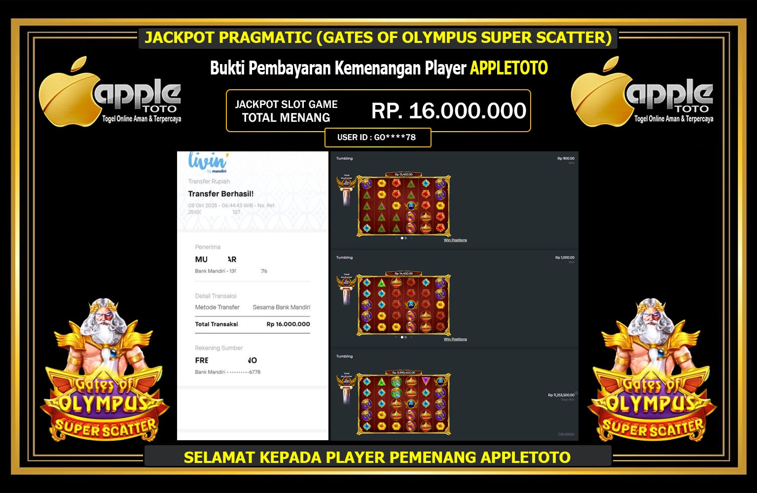 APPLETOTO JACKPOT PRAGMATIC (GATES OF OLYMPUS SUPER SCATTER) Rp.16.000.000,- LUNAS