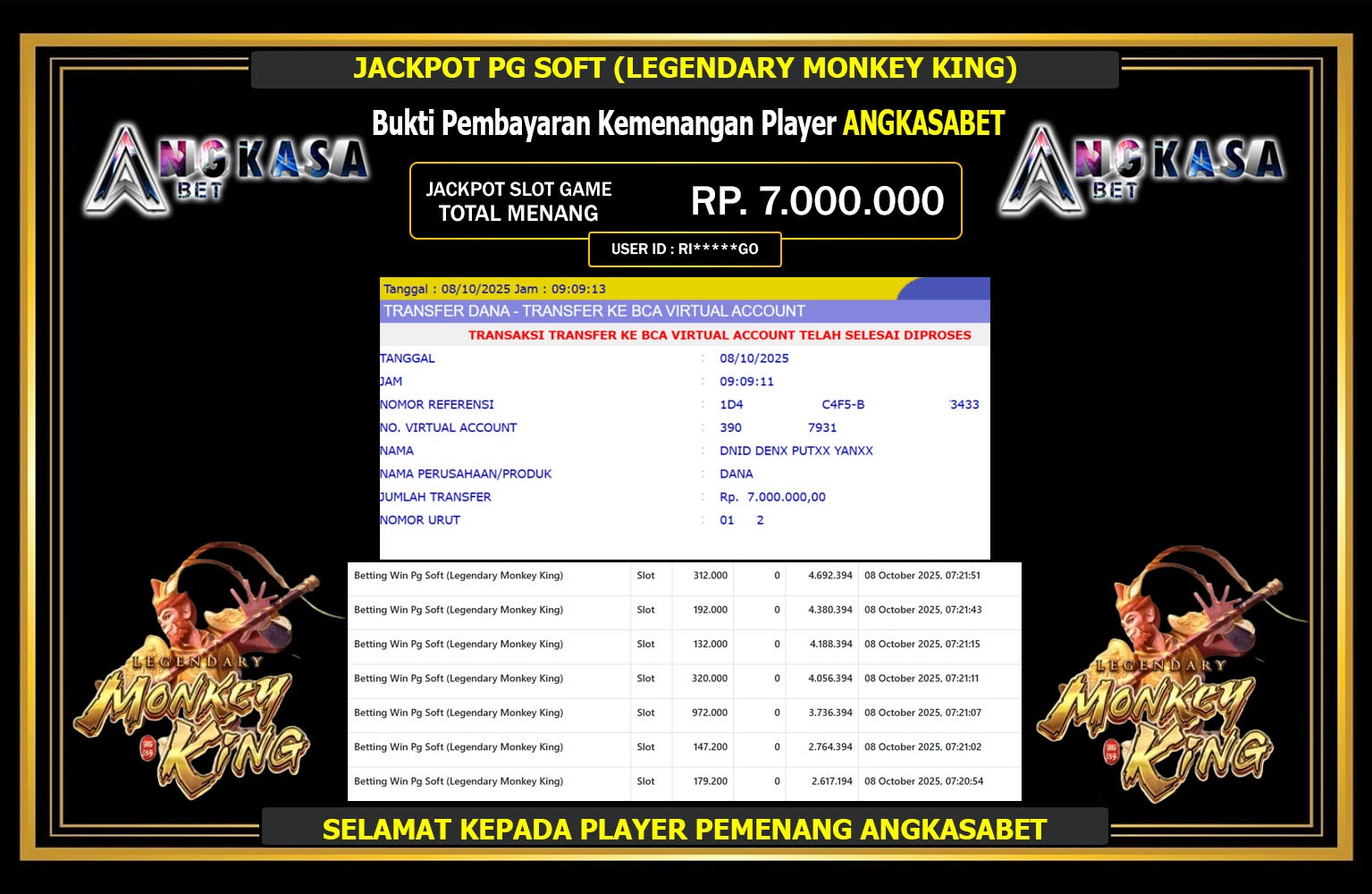 ANGKASABET JACKPOT PG SOFT (LEGENDARY MONKEY KING) Rp.7.000.000,- LUNAS