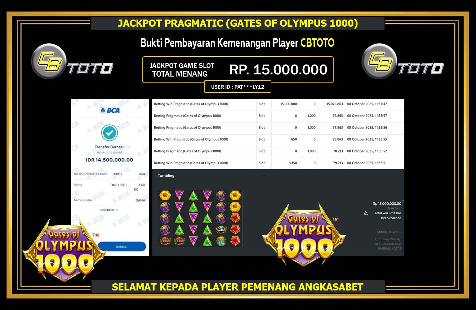 CBTOTO JACKPOT PRAGMATIC (GATES OF OLYMPUS 1000) Rp.15.000.000,- LUNAS