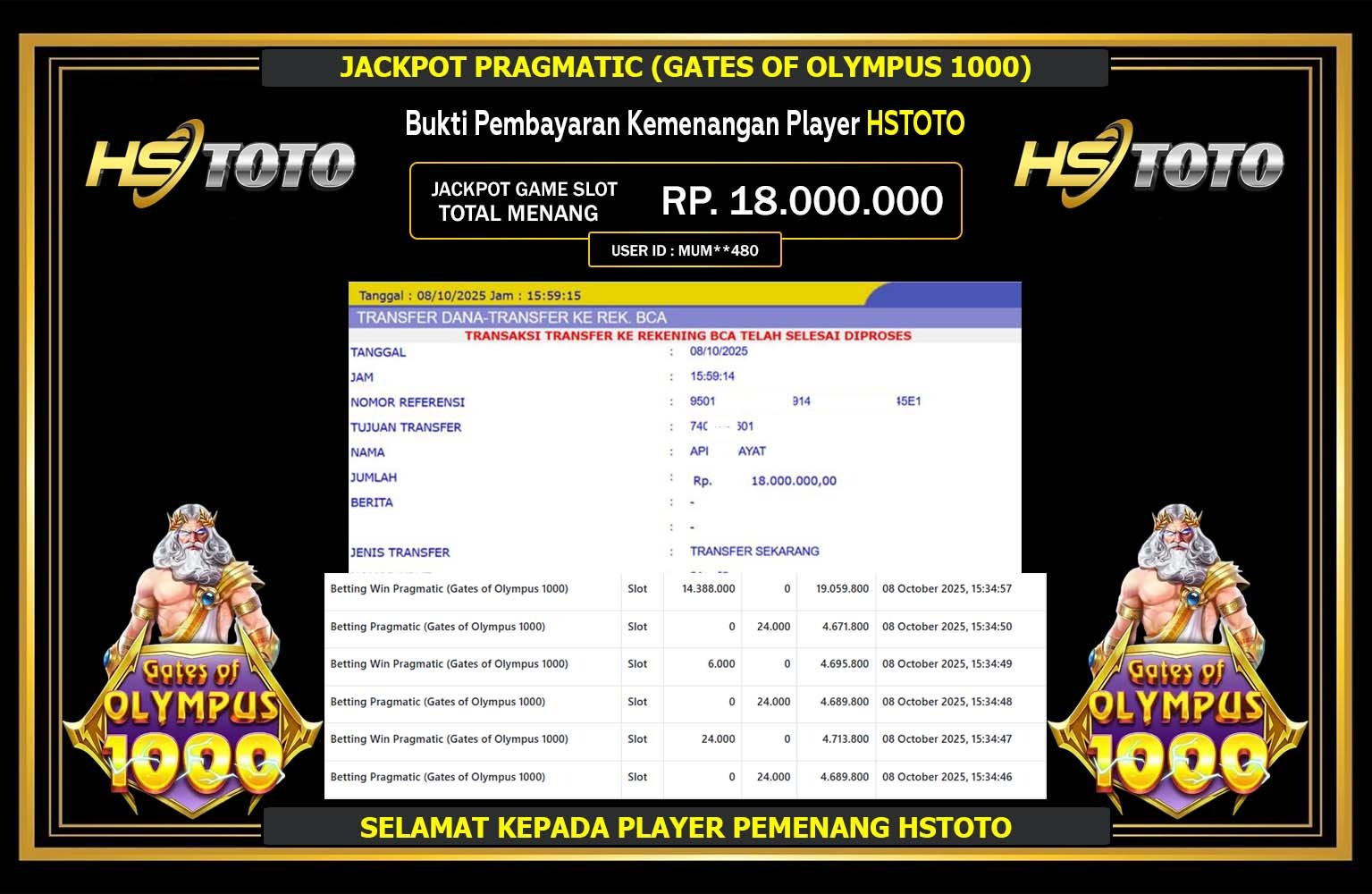 HSTOTO JACKPOT PRAGMATIC (GATES OF OLYMPUS 1000) Rp.18.000.000,- LUNAS