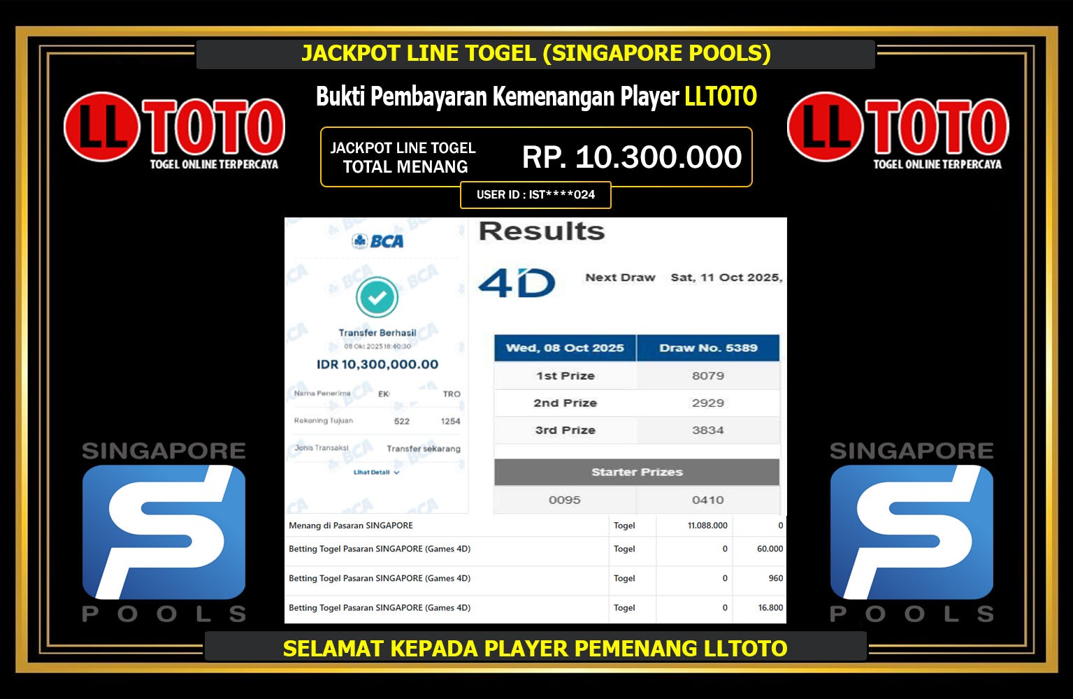 LLTOTO JACKPOT LINE TOGEL (SINGAPORE POOLS) Rp.10.300.000,- LUNAS