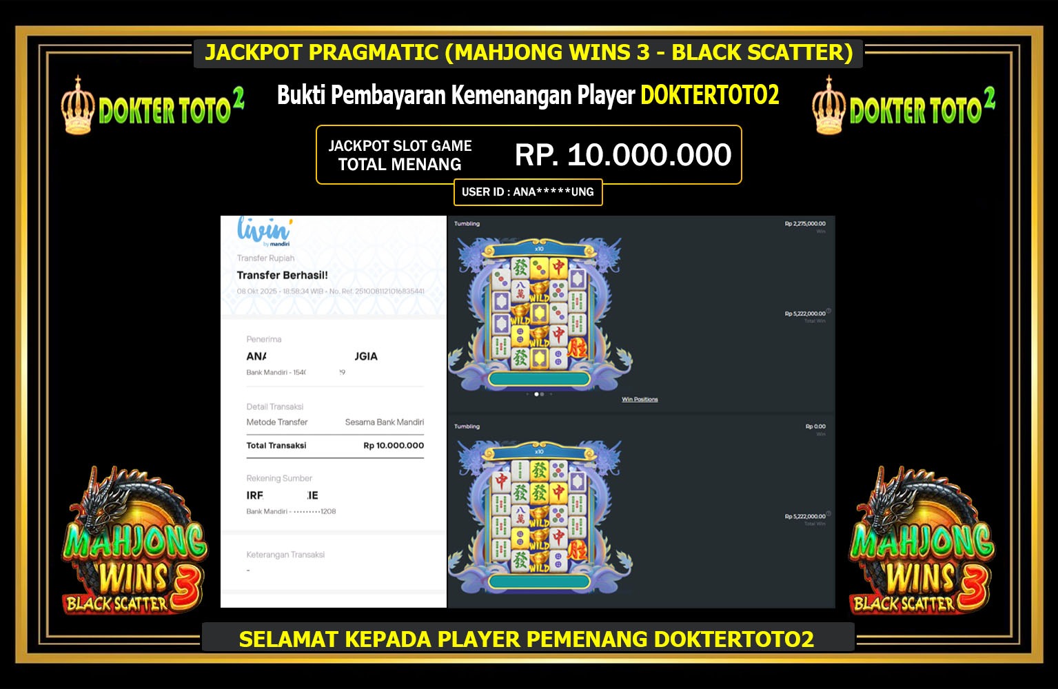 DOKTERTOTO2 JACKPOT PRAGMATIC (MAHJONG WINS 3 - BLACK SCATTER) Rp.10.000.000,- LUNAS