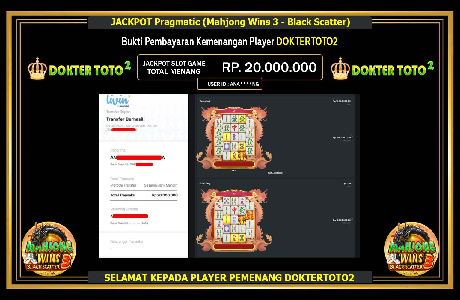 DOKTERTOTO2 JACKPOT PRAGMATIC (MAHJONG WINS 3 - BLACK SCATTER) Rp.20.000.000,- LUNAS