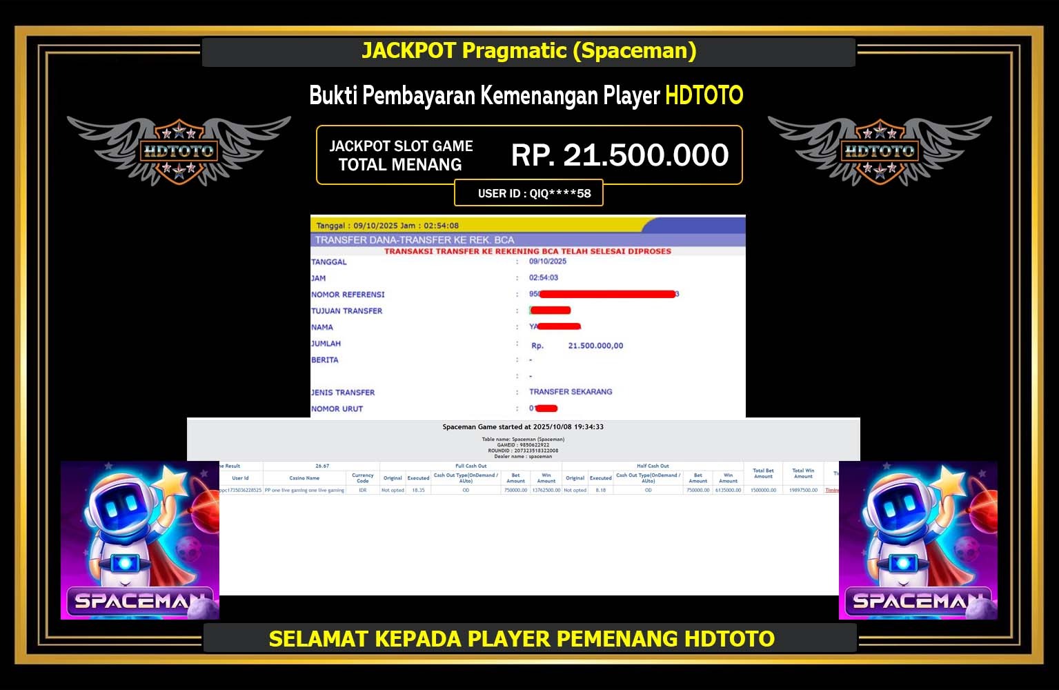 HDTOTO JACKPOT Pragmatic (Spaceman) Rp.21.500.000,- LUNAS