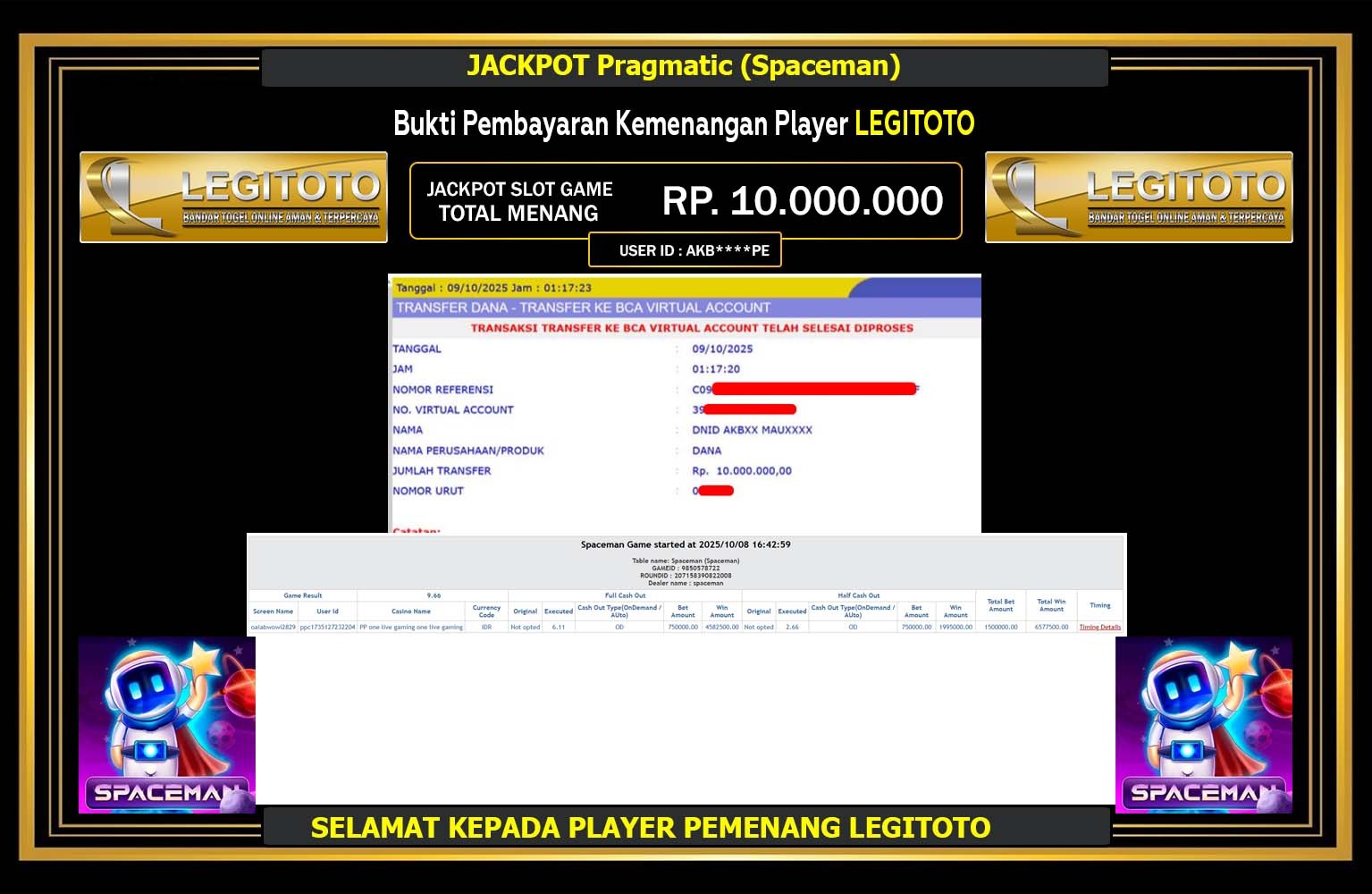 LEGITOTO JACKPOT Pragmatic (Spaceman) Rp.10.000.000,- LUNAS