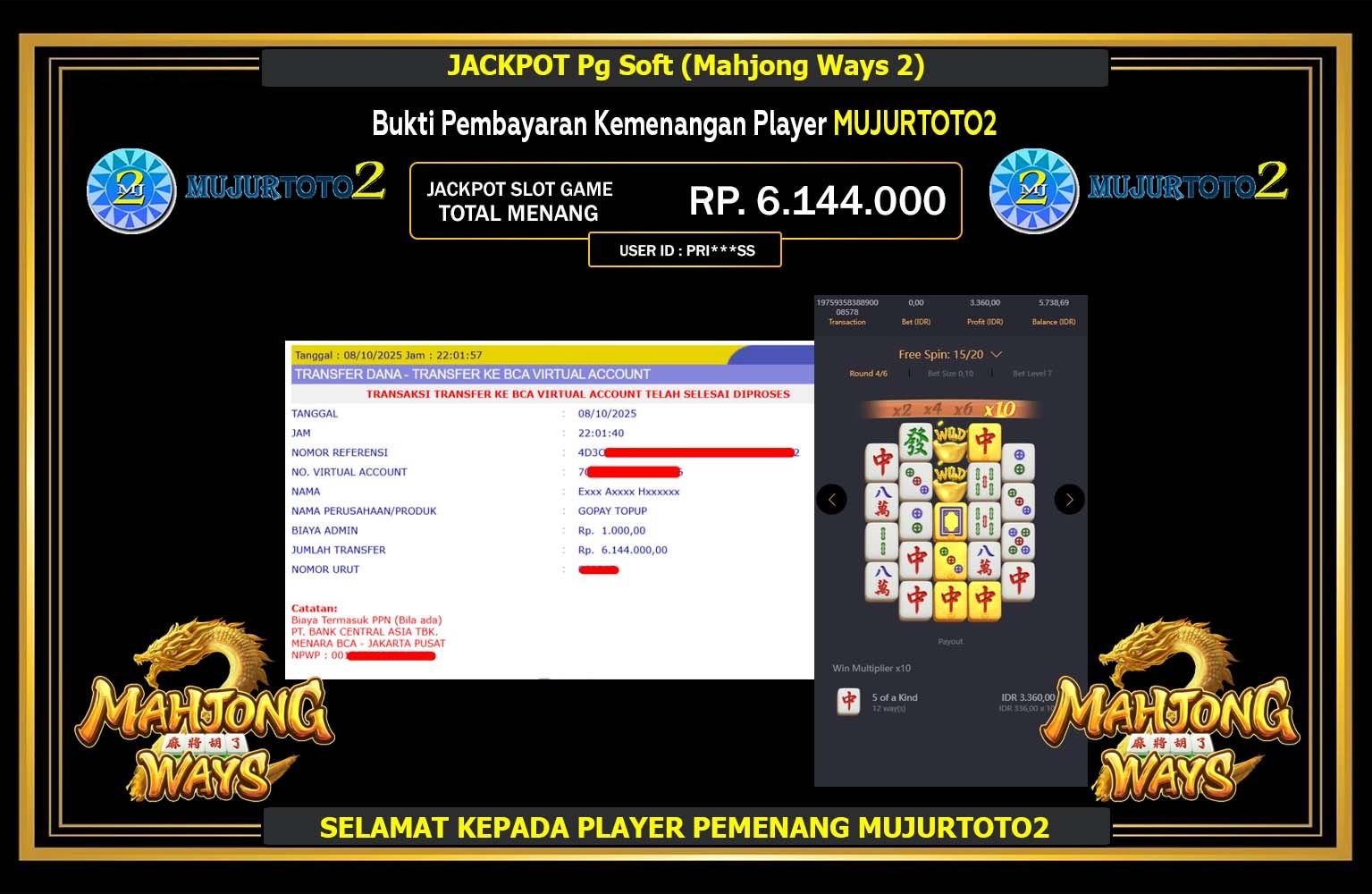 MUJURTOTO2 JACKPOT PG SOFT (MAHJONG WAYS) Rp.6.144.000,- LUNAS